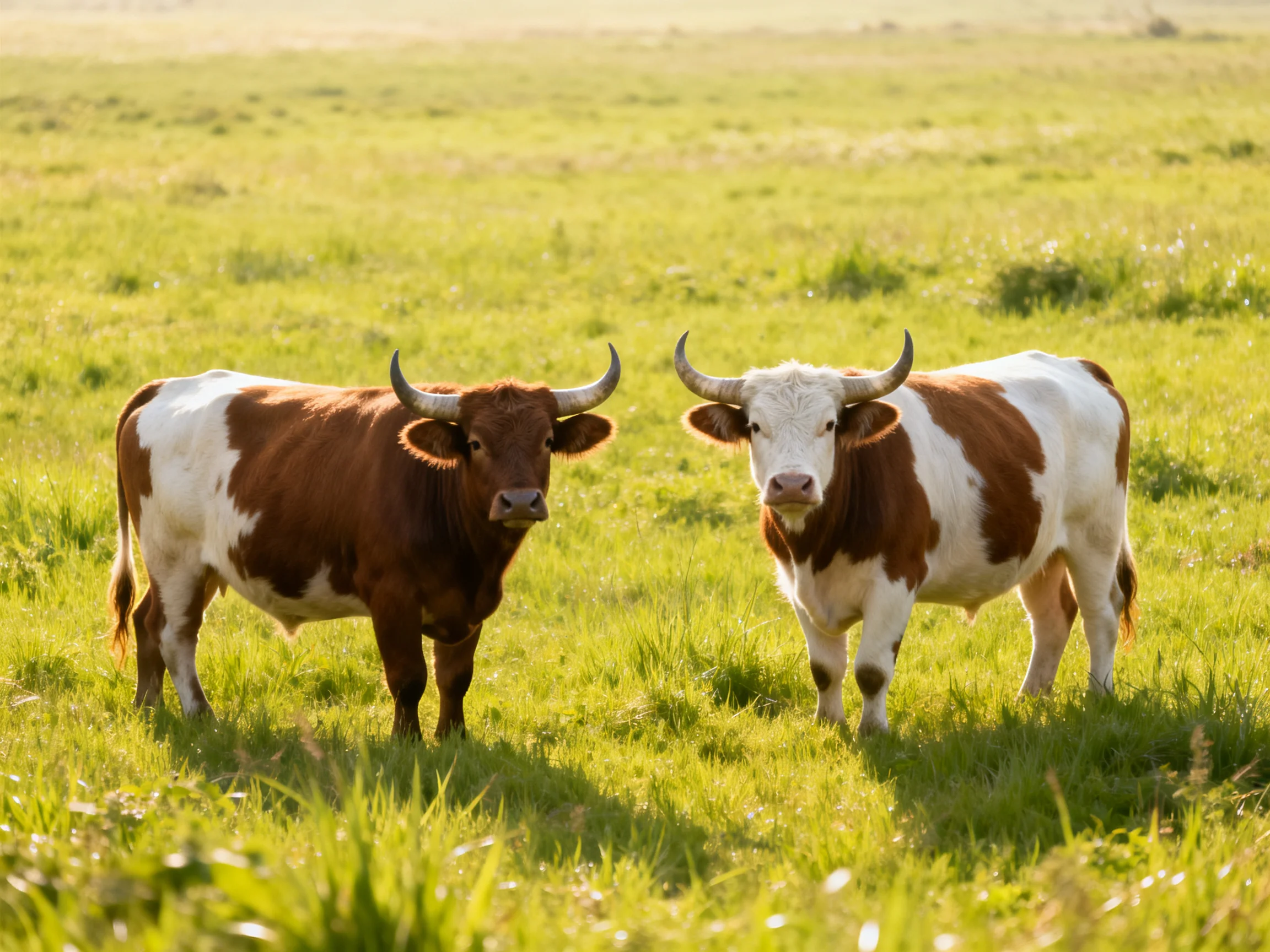 Two brown-and-white cows stand in a lush green pasture