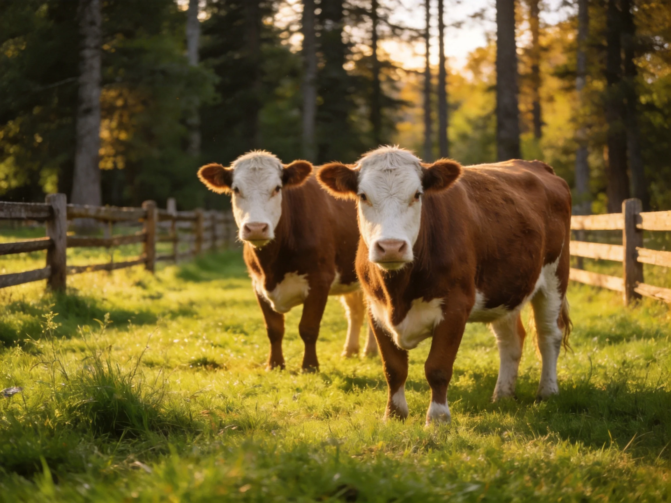 Two brown-and-white cows stand in a sunlit fenced pasture near tall trees