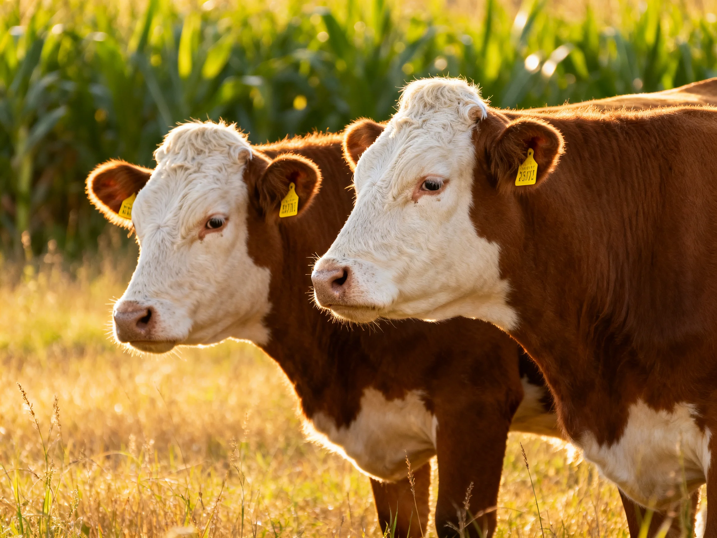 Two brown and white cows stand in a sunlit grassy field near corn plants