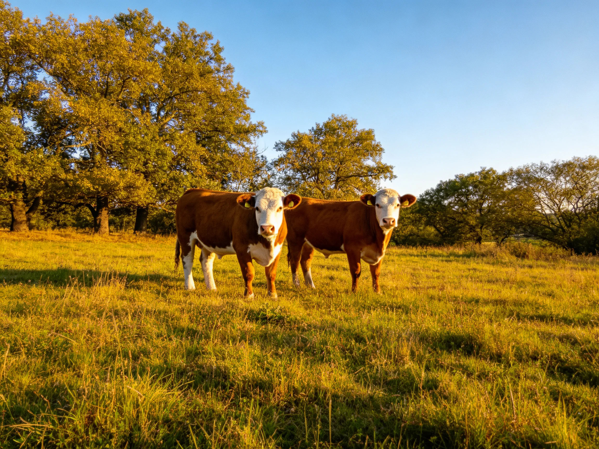 Two brown-and-white cows stand in a sunlit grassy field near large trees