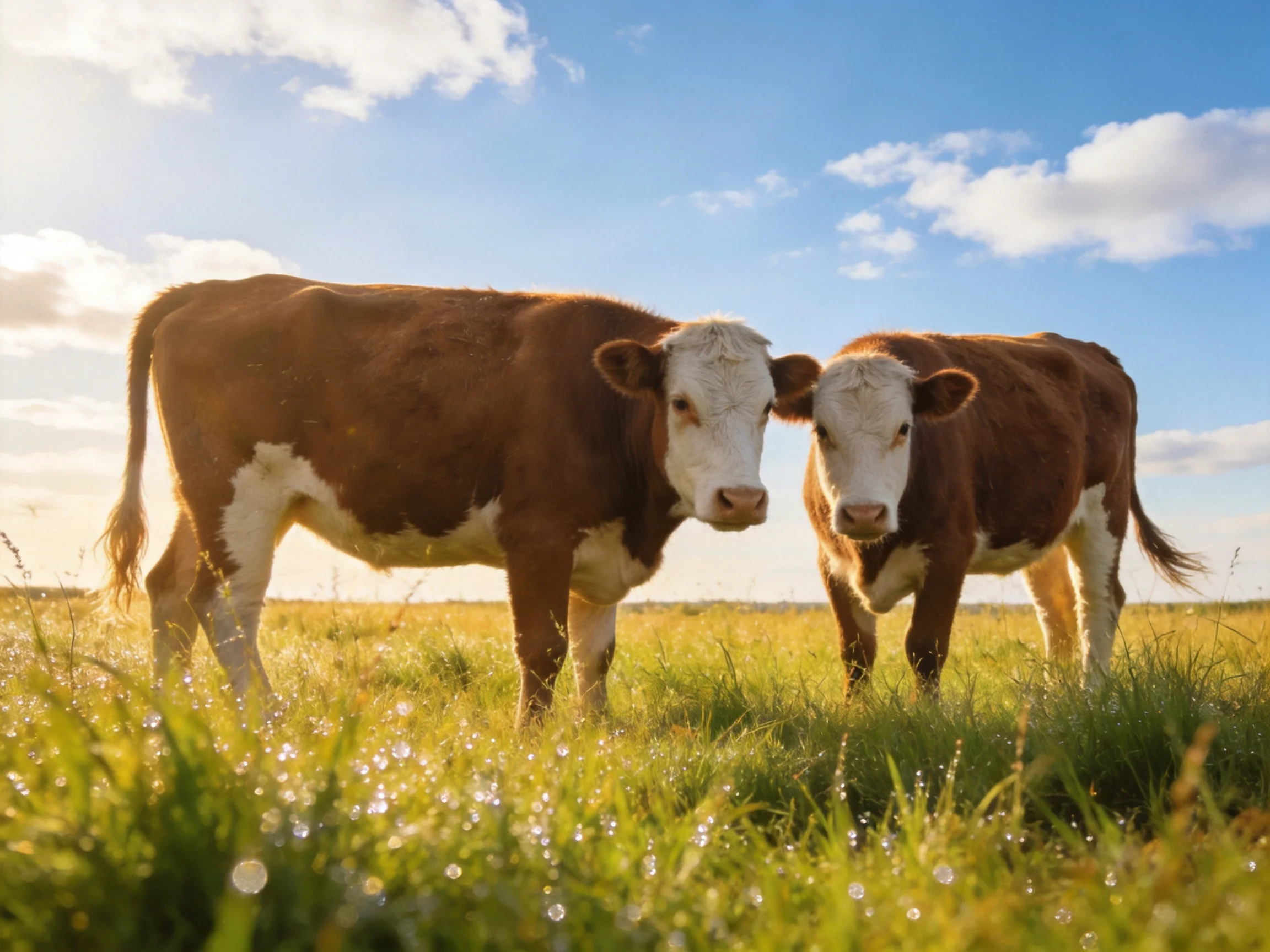 Two brown and white cows stand in a sunlit grassy meadow