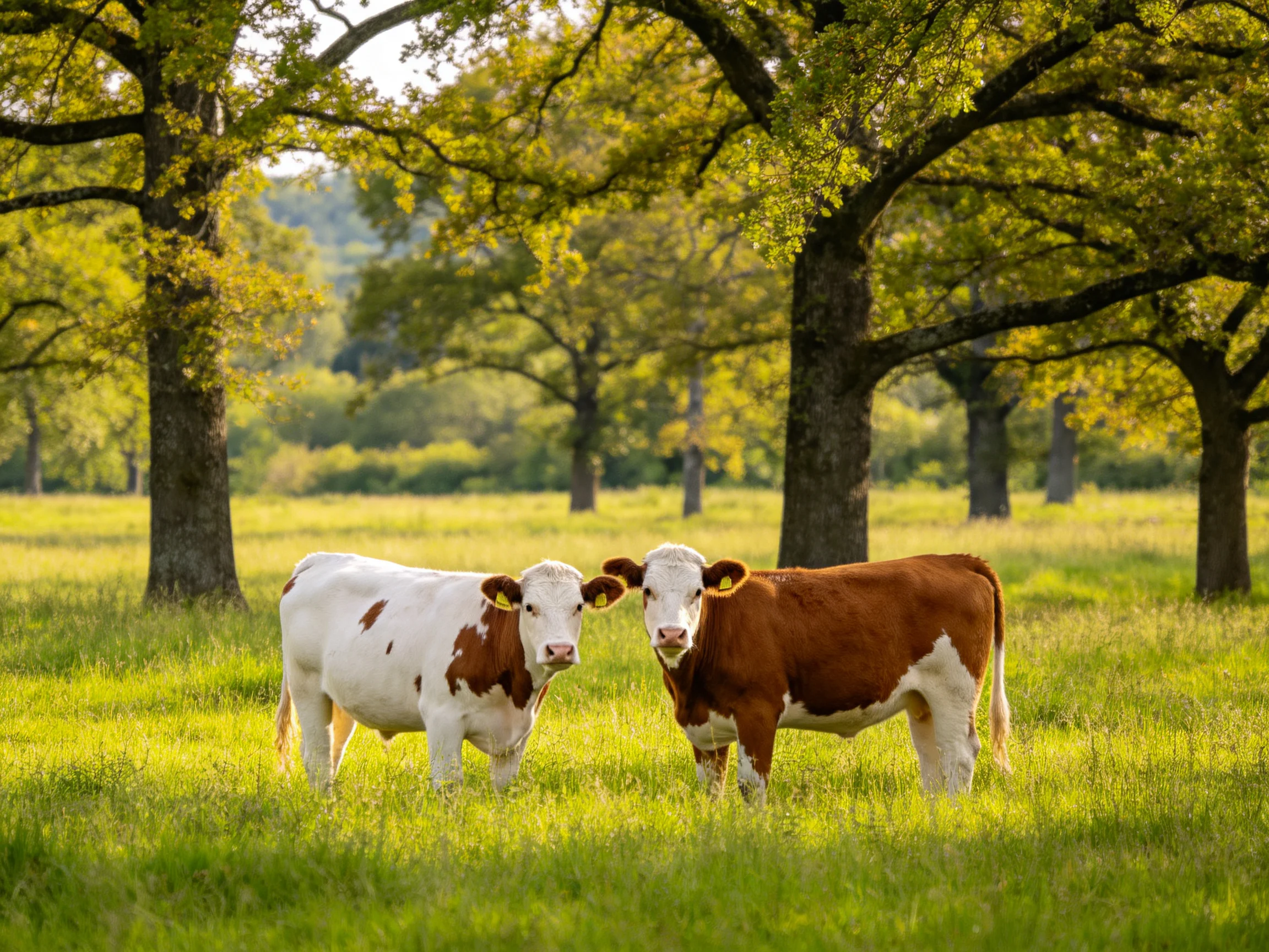Two brown-and-white cows stand together in a sunlit green meadow.