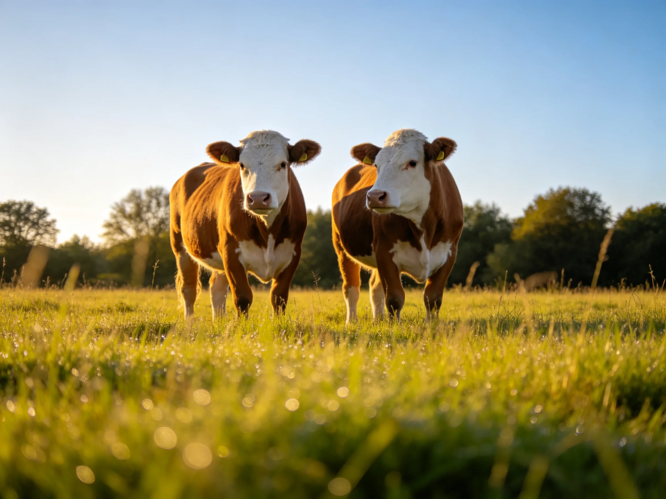 Two cows gaze toward the viewer in a sunlit grassy field.