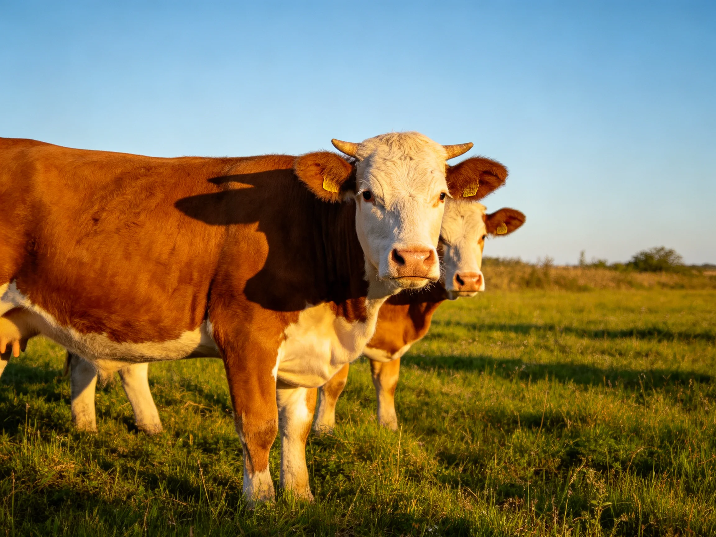 Two brown and white cows stand together in a sunlit pasture.