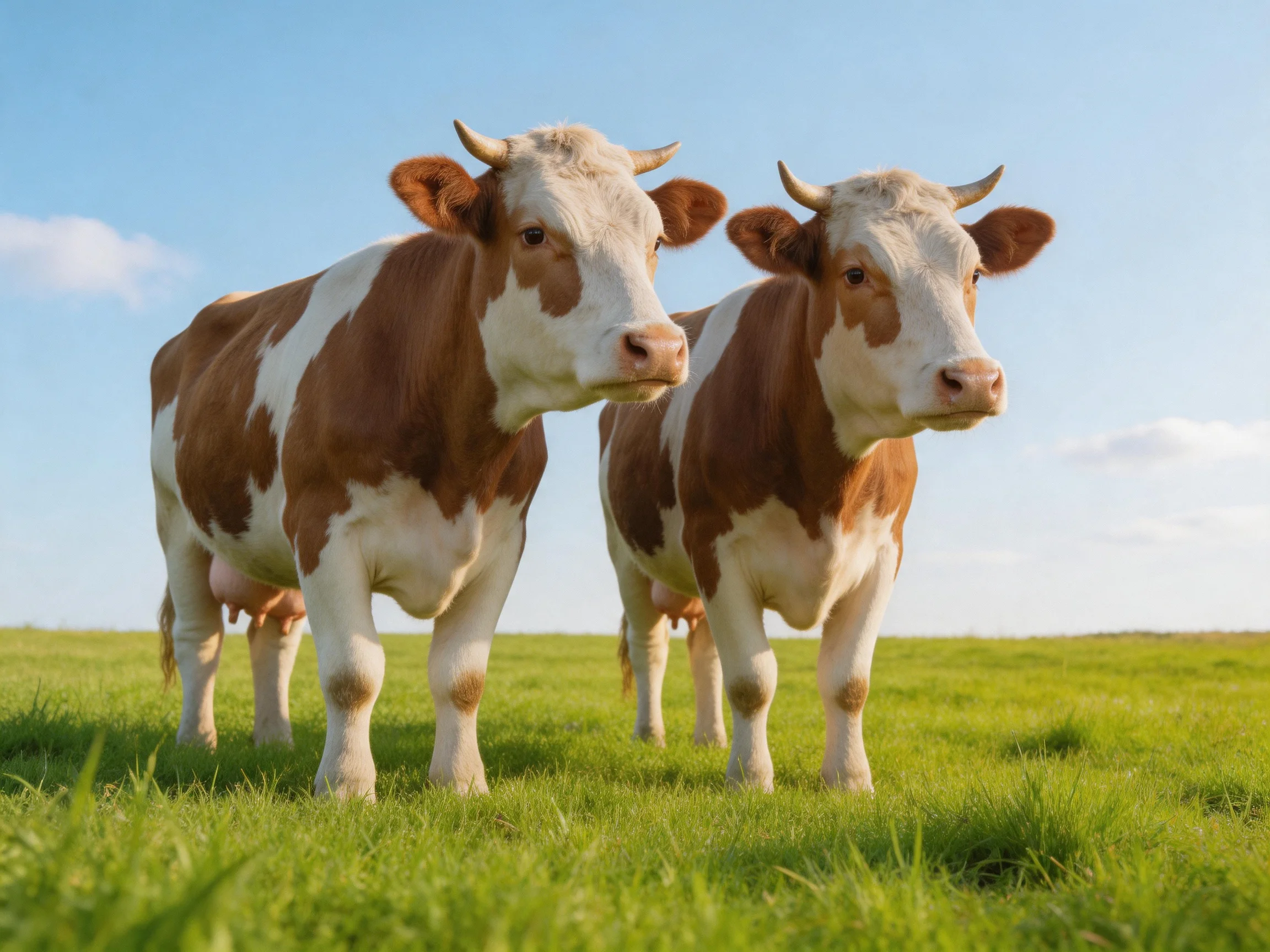 Two brown and white cows stand in a sunlit green pasture