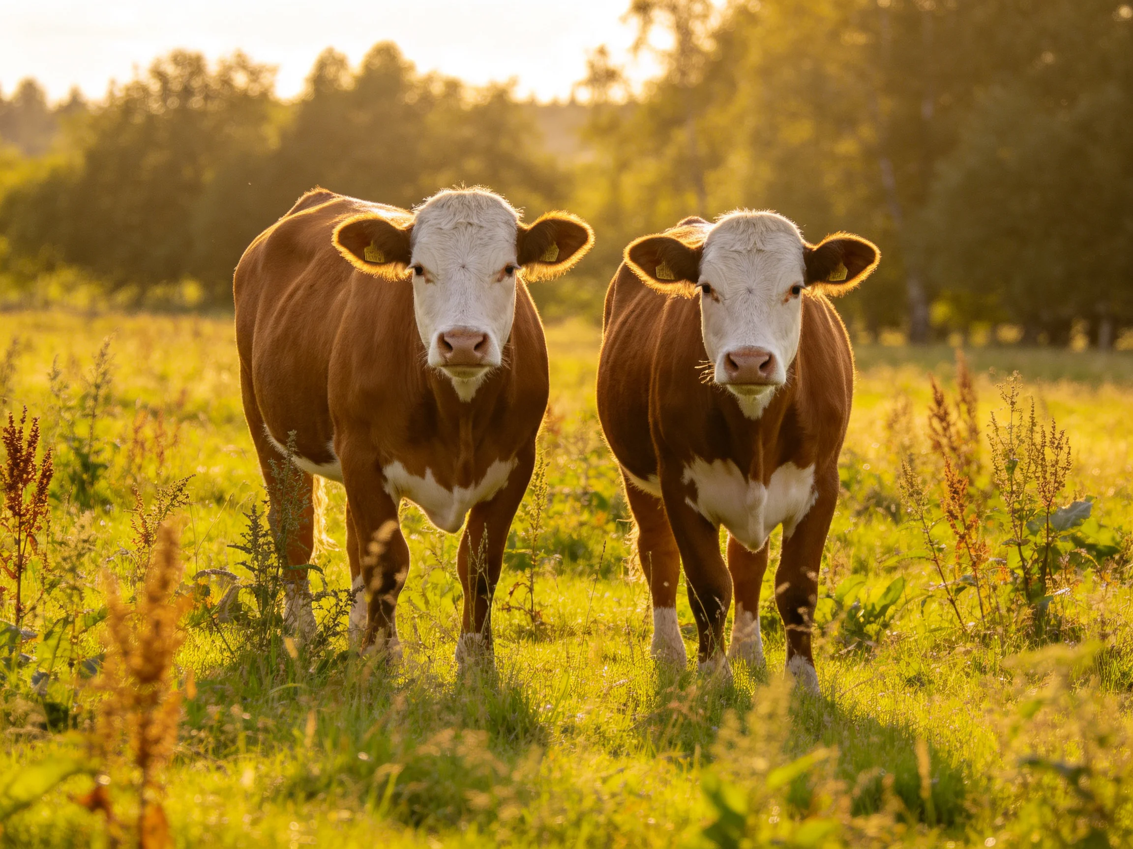 Two brown-and-white cows stand in a sunlit green pasture