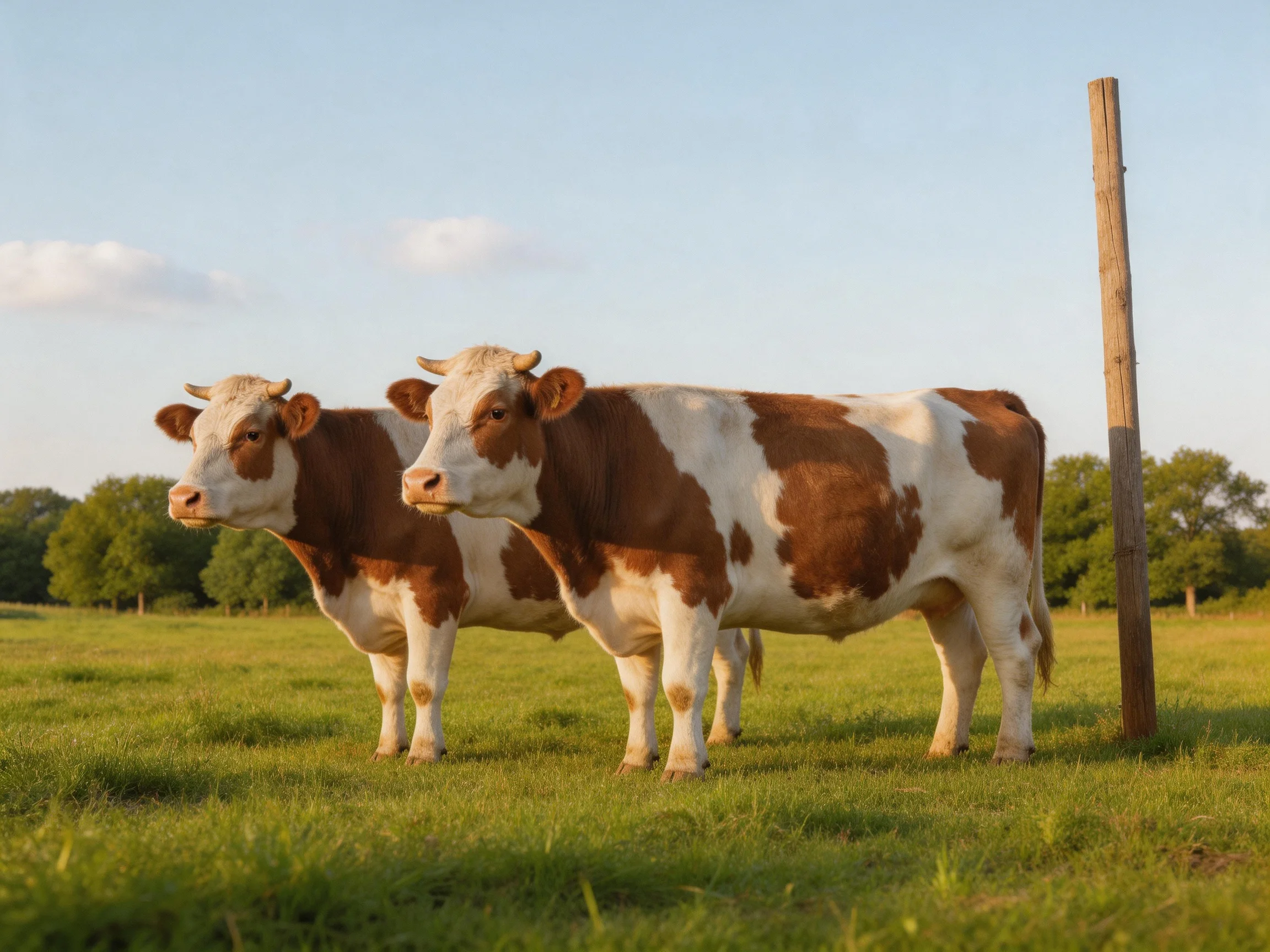 Two brown-and-white cows stand together in a sunlit pasture.