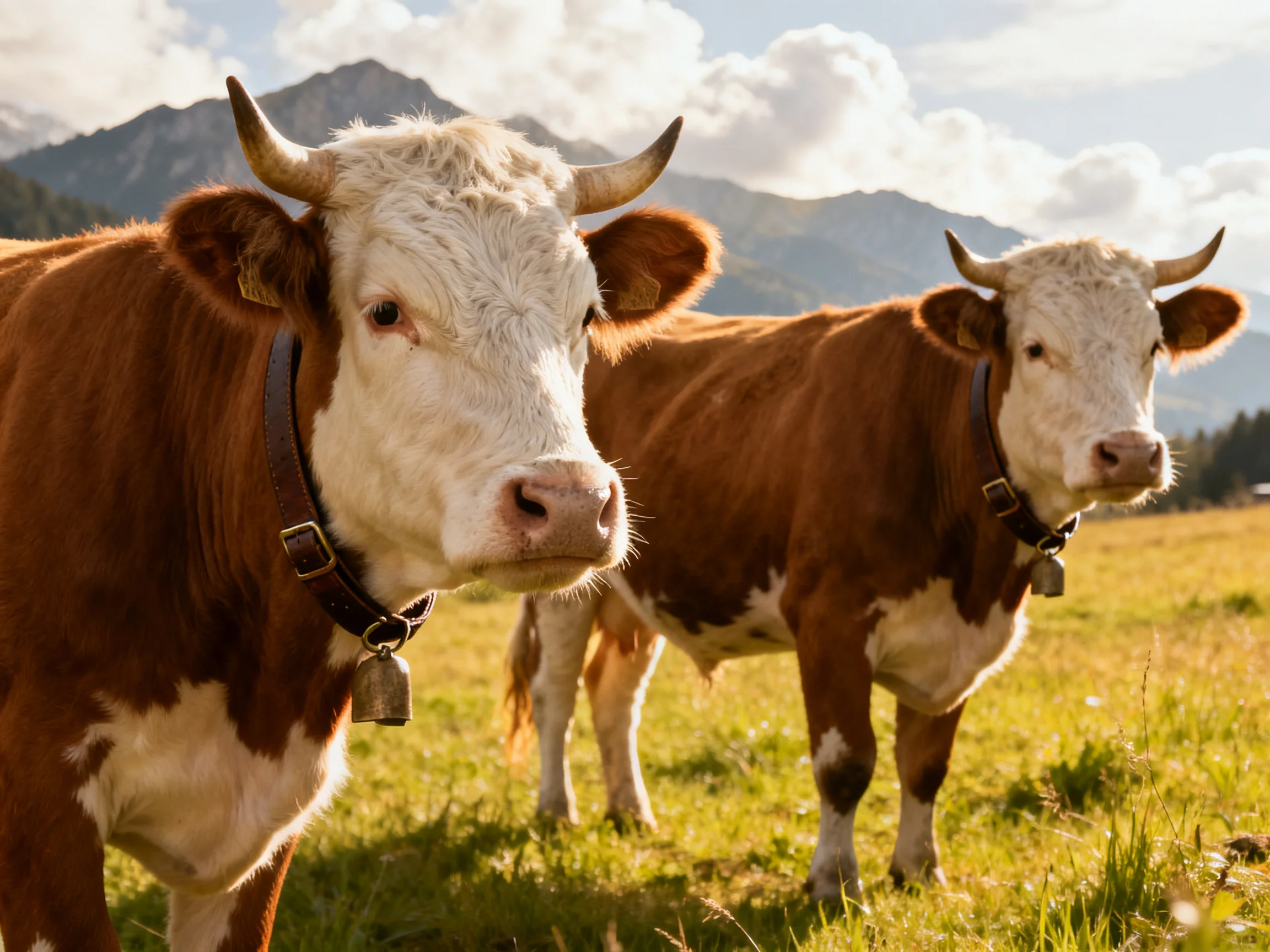 Two brown and white cows stand in a sunlit meadow near mountains