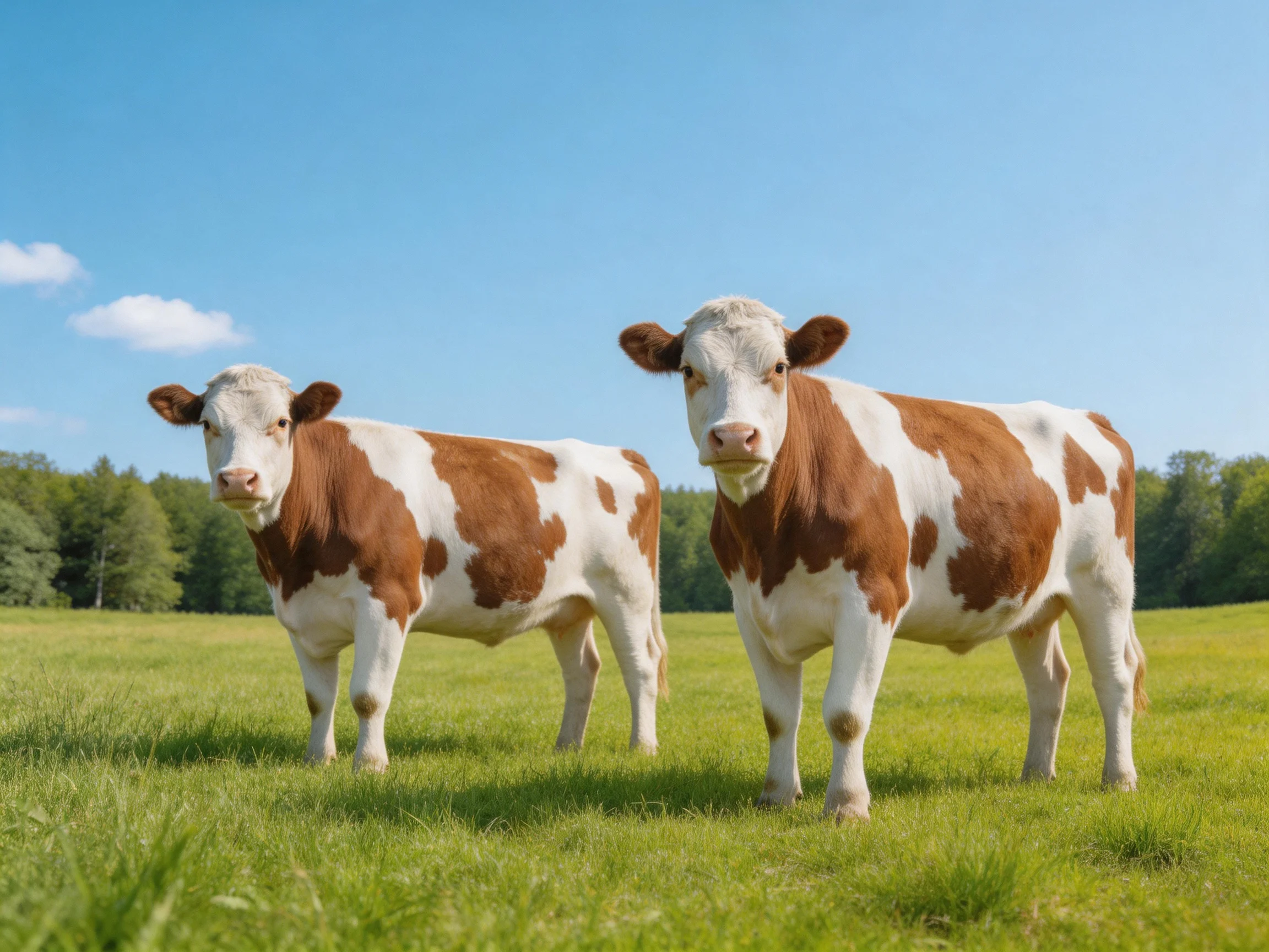 Two brown and white cows stand together in a bright green pasture.
