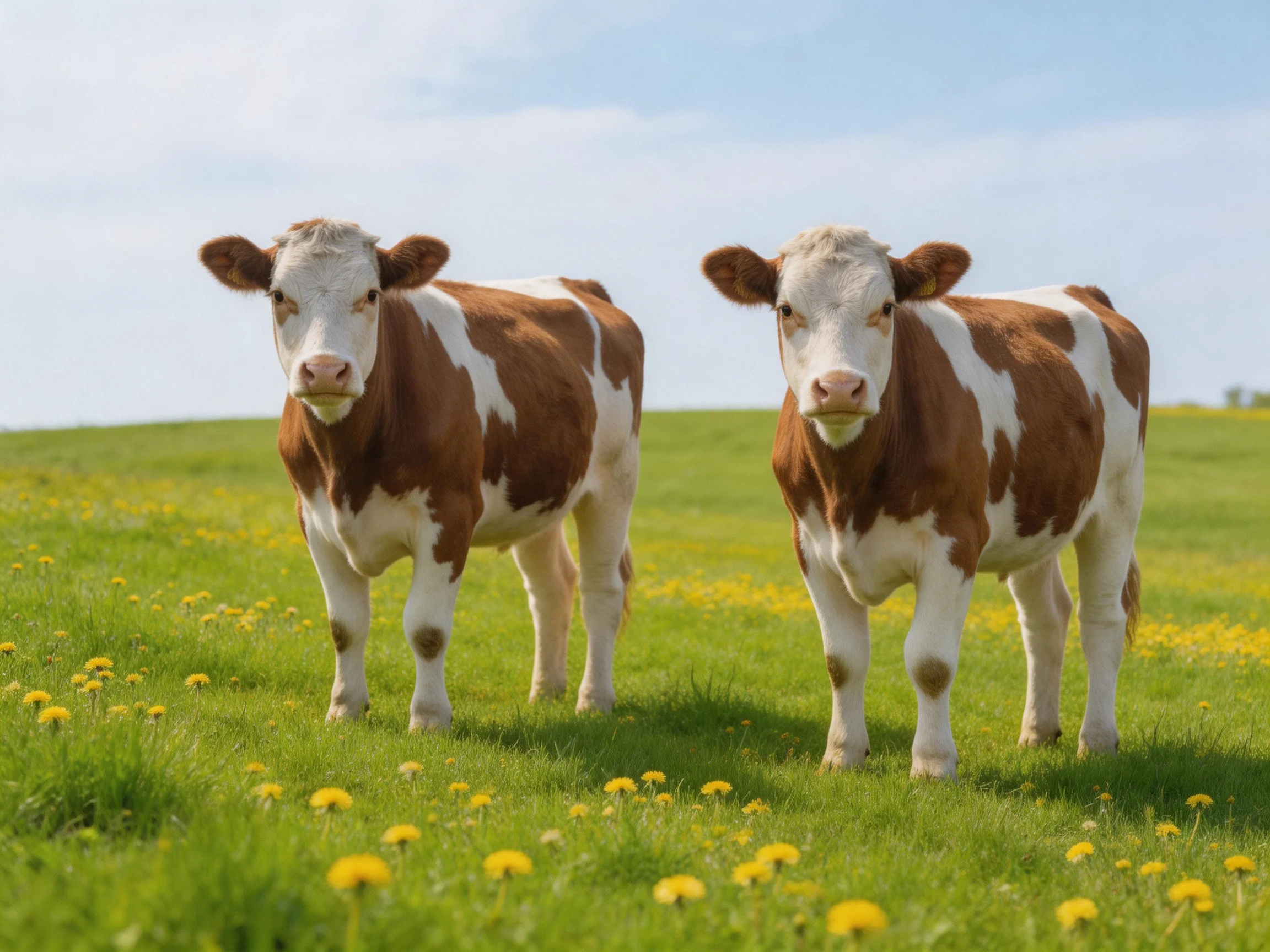 Two brown and white cows stand in a sunny green meadow with yellow flowers