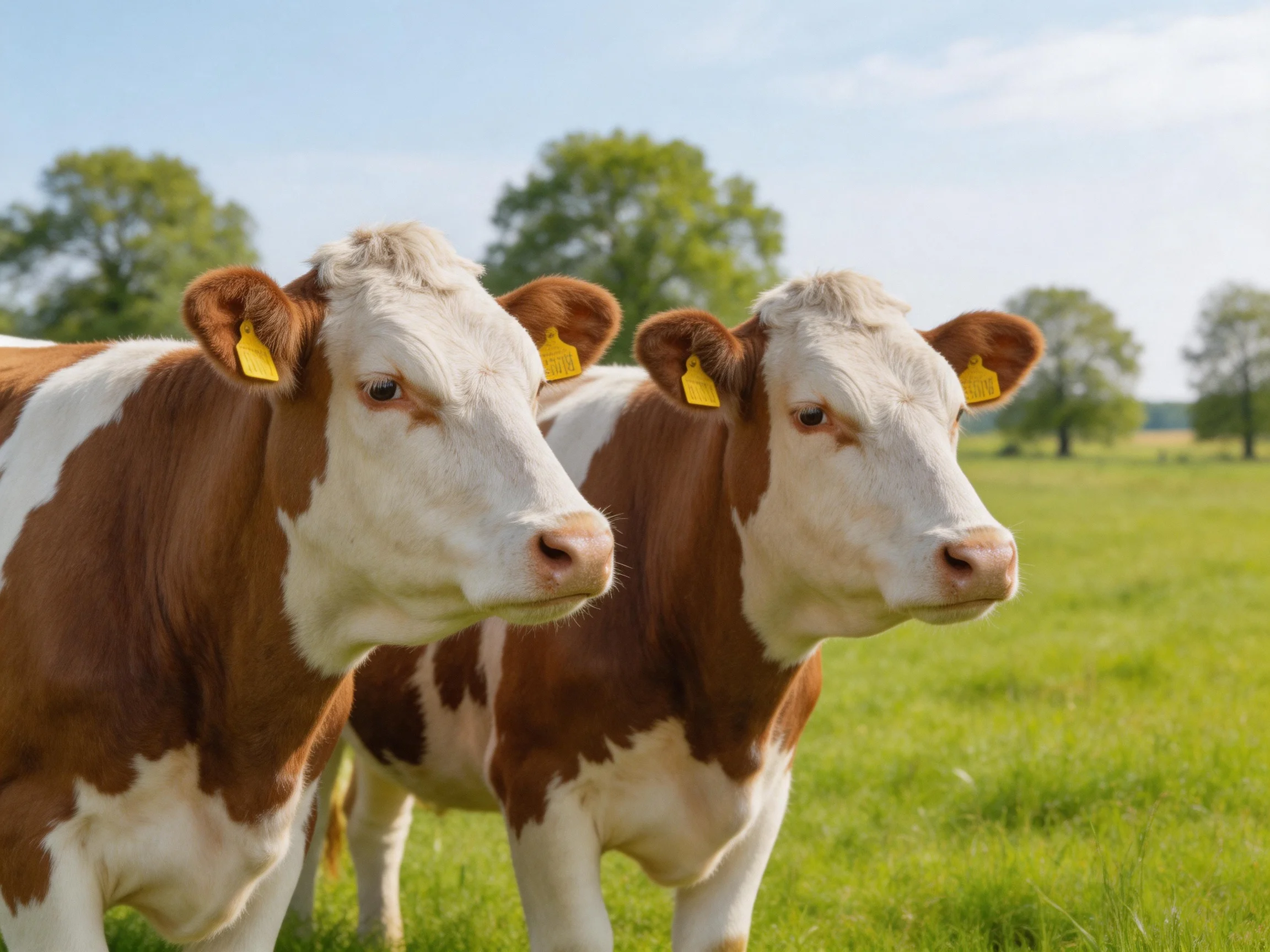 Two brown-and-white cows stand in a sunny green pasture near trees