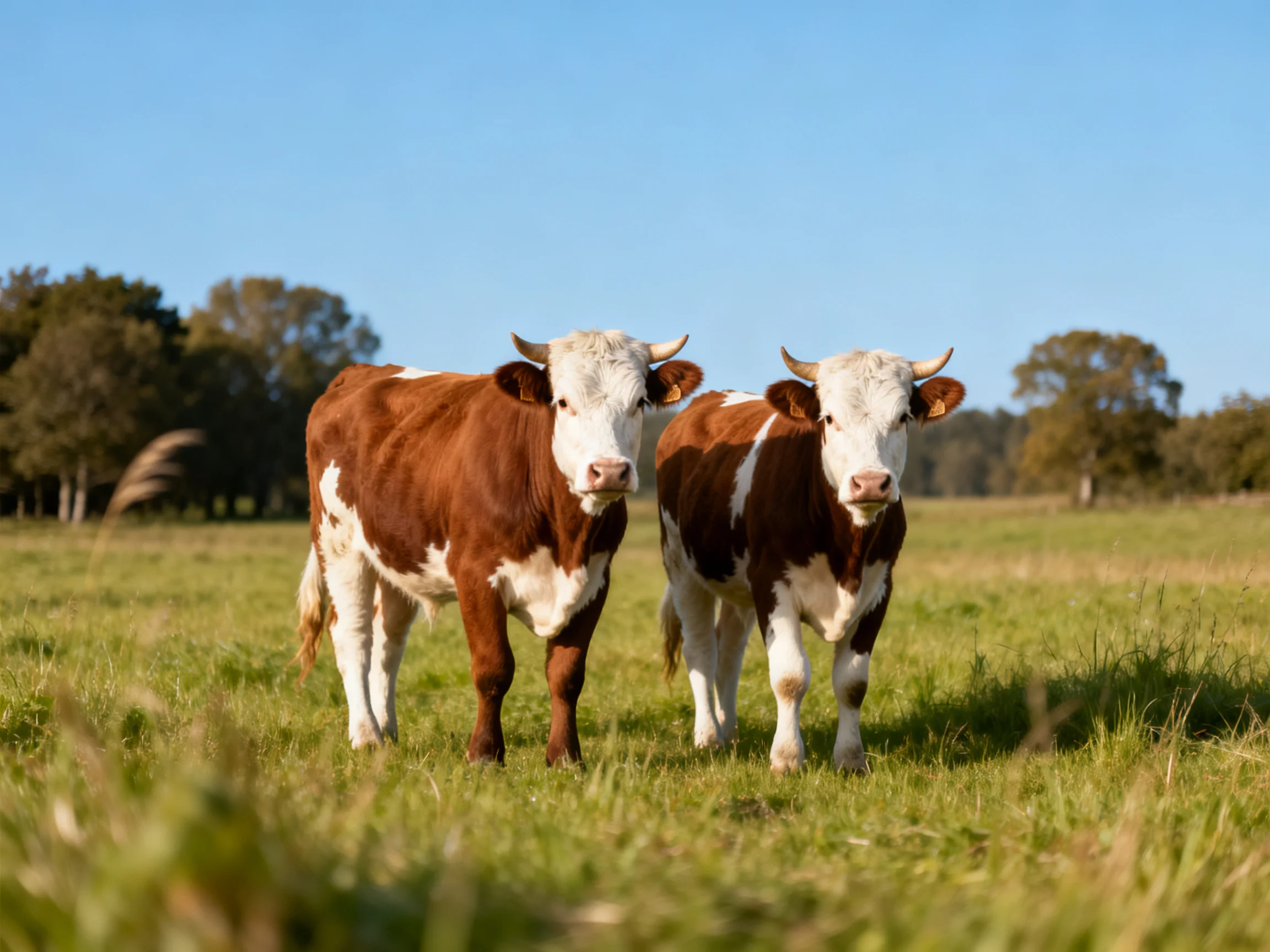 Two brown and white cows stand in a sunny green pasture near trees