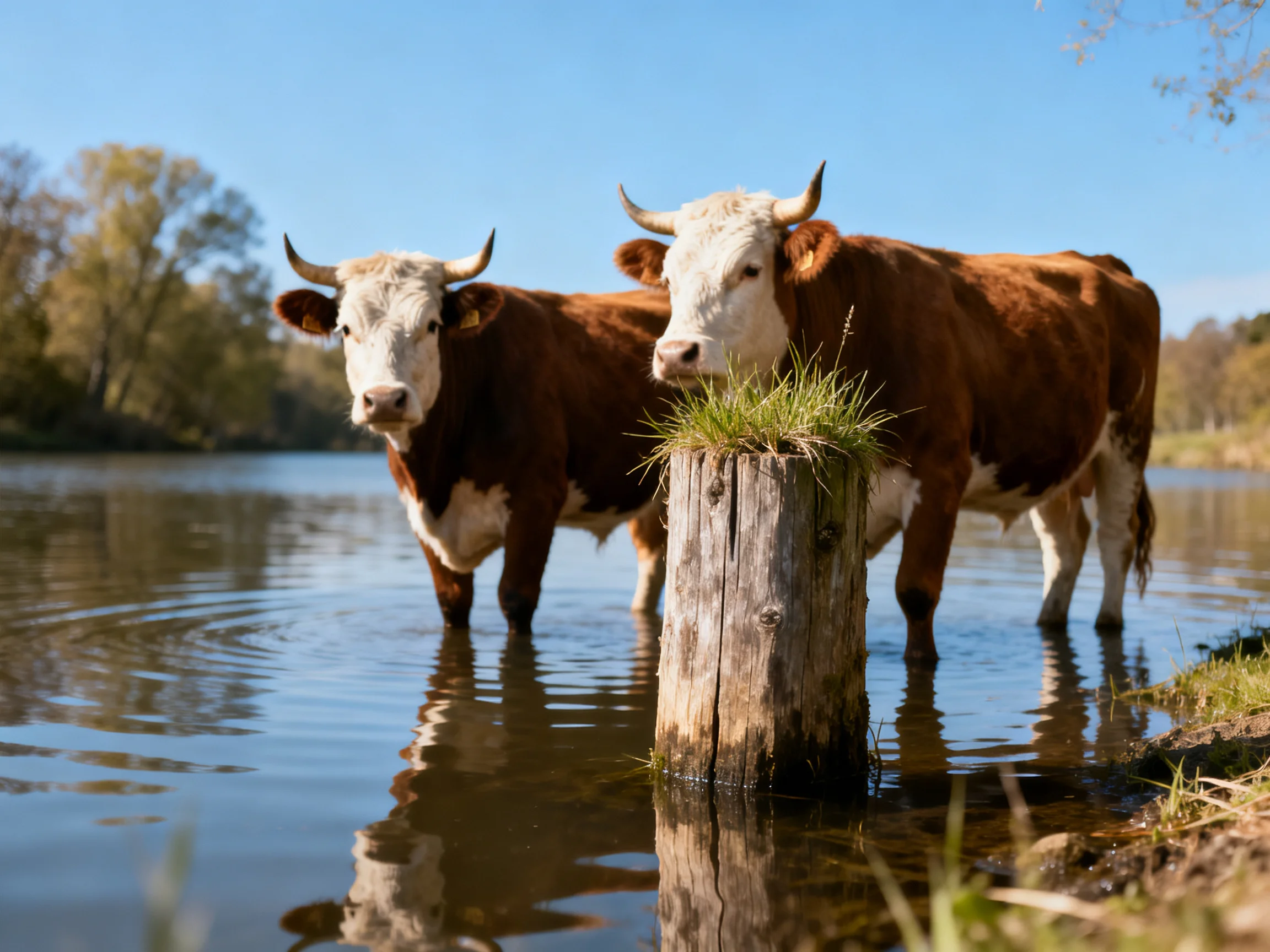 Two brown-and-white cows stand in shallow river water by a wooden post
