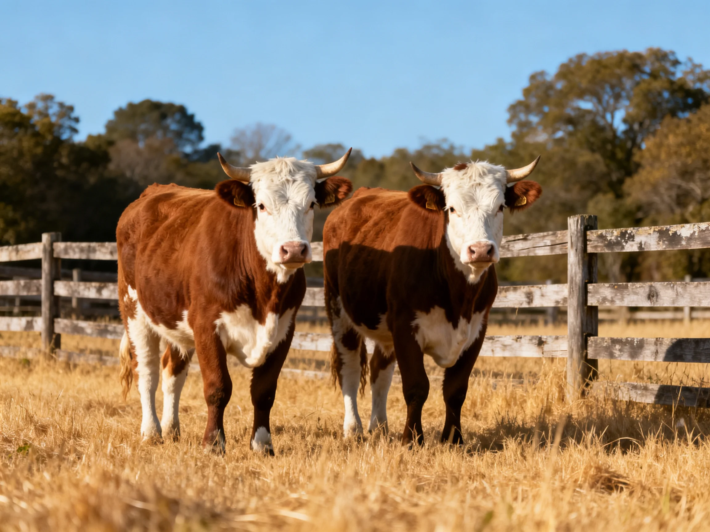 Two brown and white cows stand near an aged wooden fence in a golden field