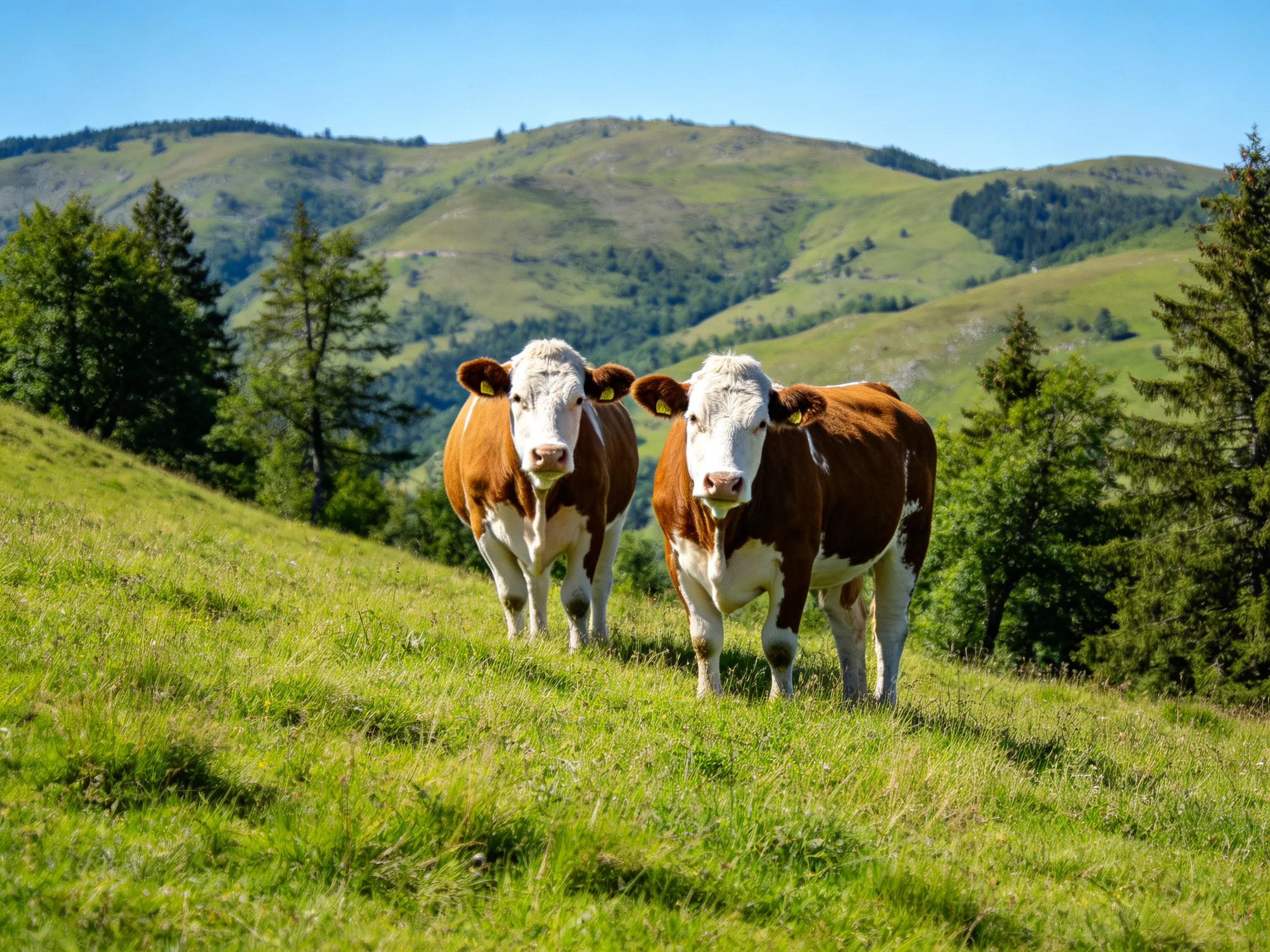 Two brown-and-white cows stand on a lush green hillside with rolling green mountains