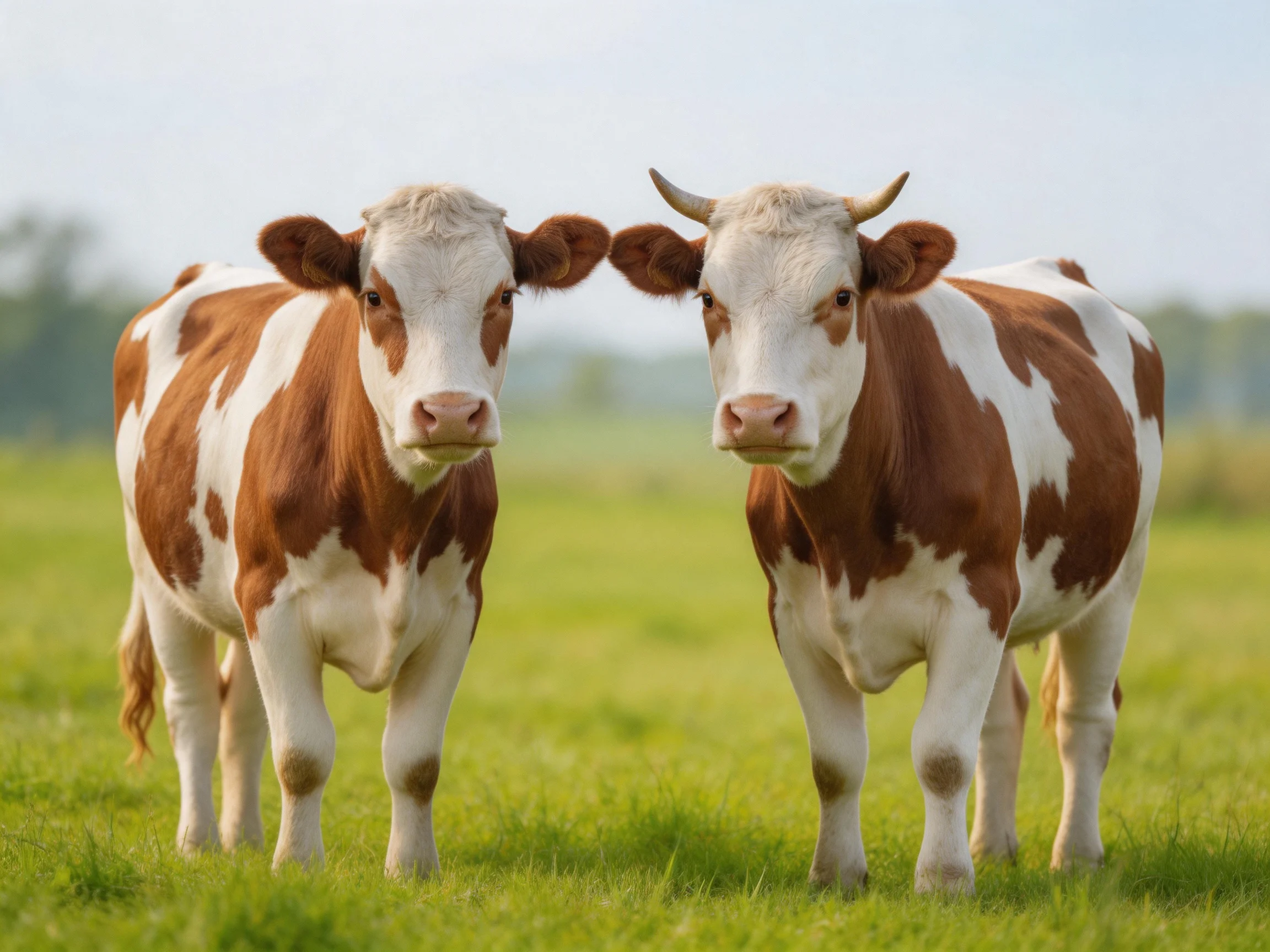Two brown and white cows stand side by side in a green pasture