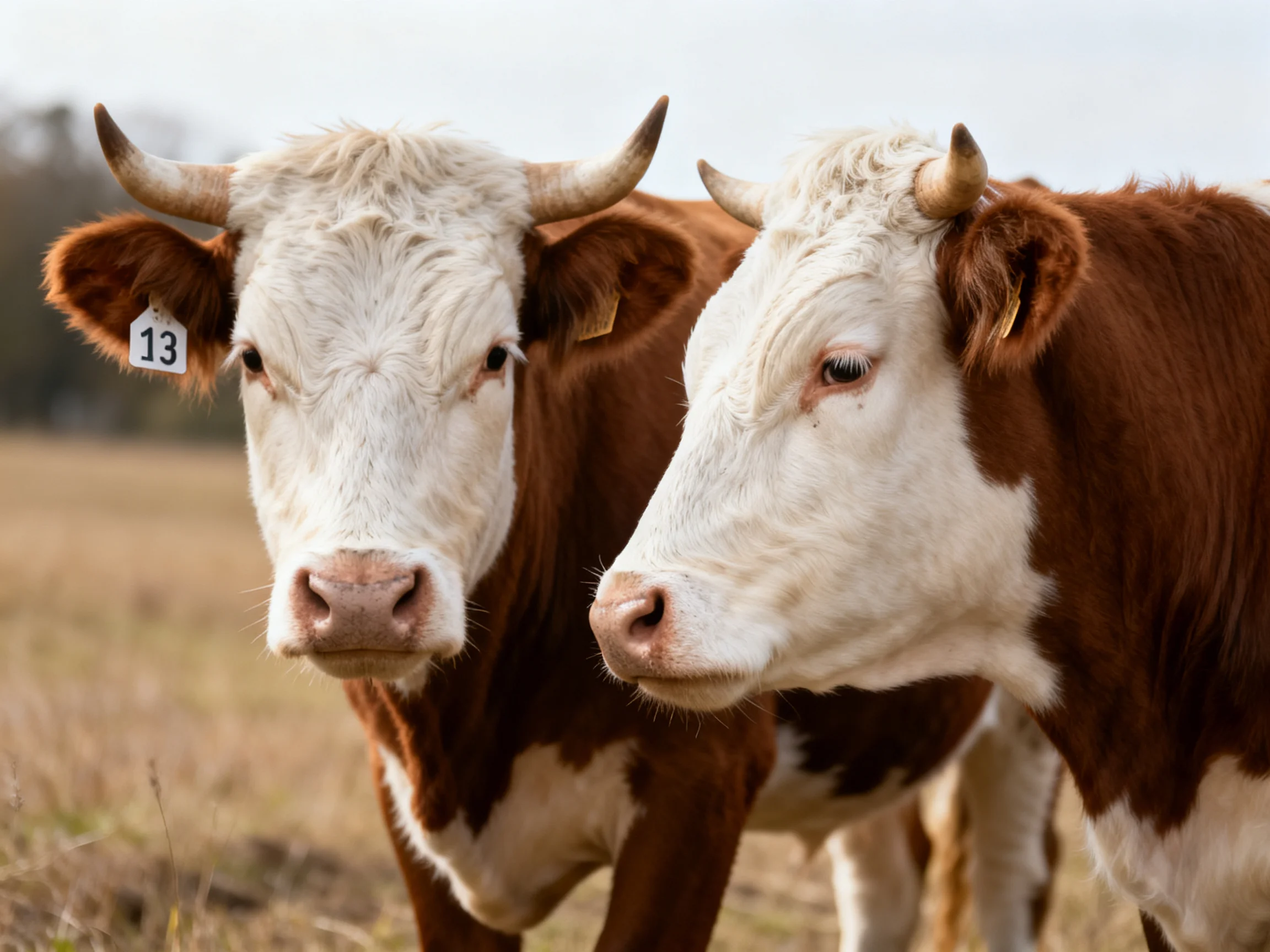 Two brown and white cows stand side by side in a sunlit pasture
