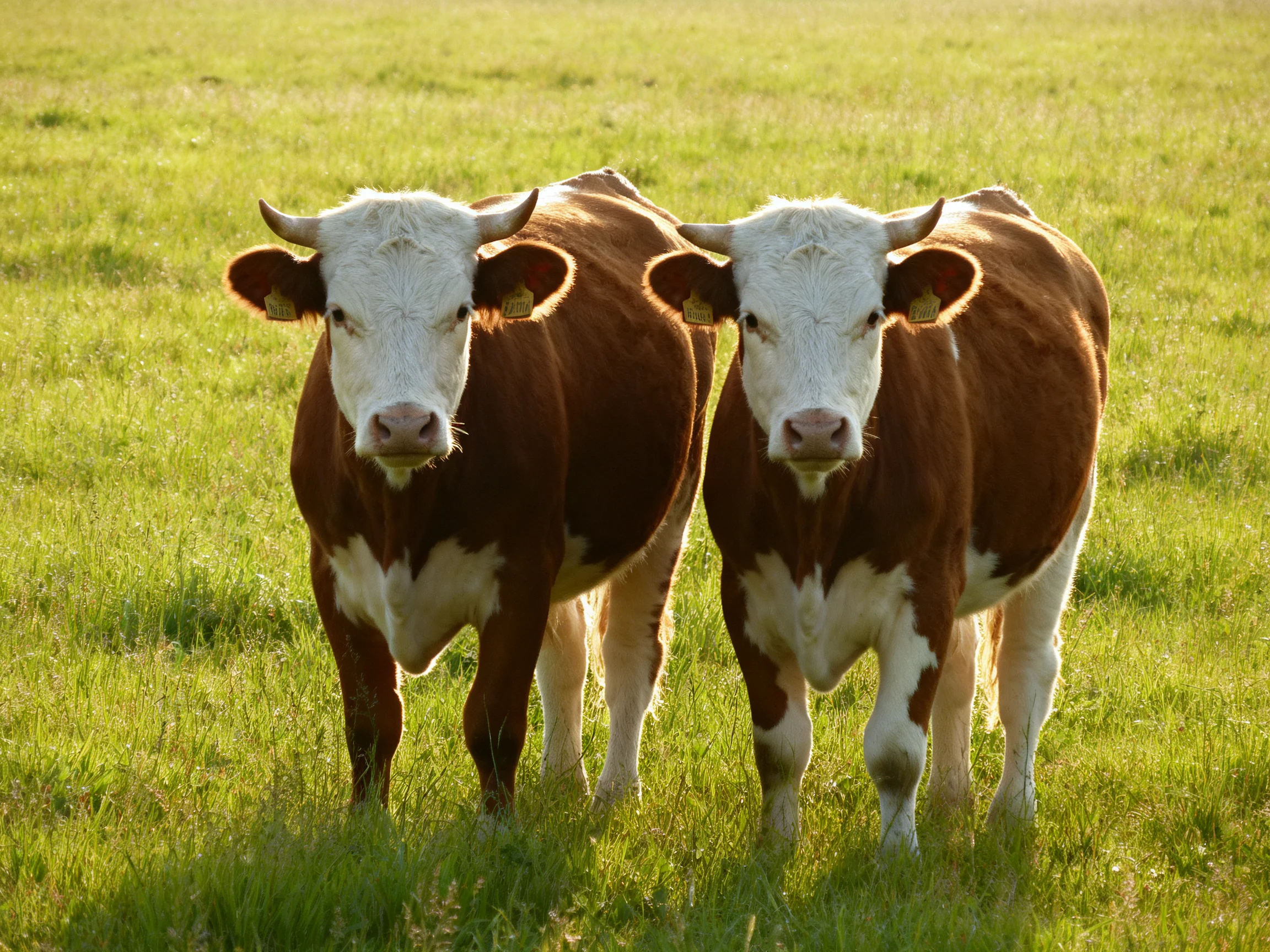 Two brown and white cows stand together in a sunlit green pasture.