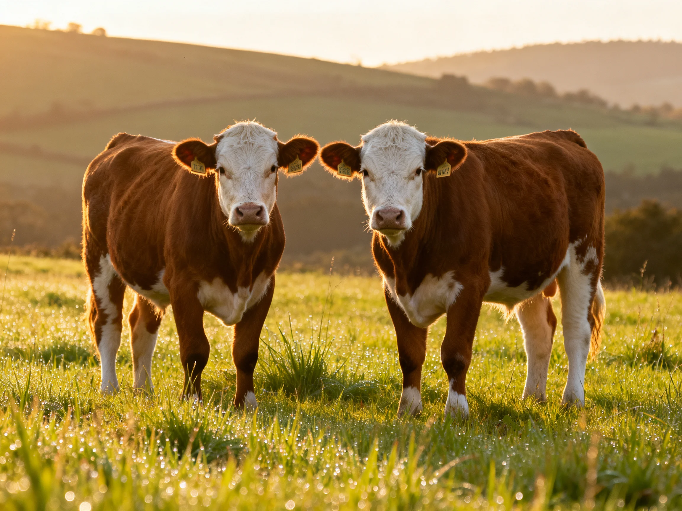 Two brown-and-white cows stand together in a sunlit pasture