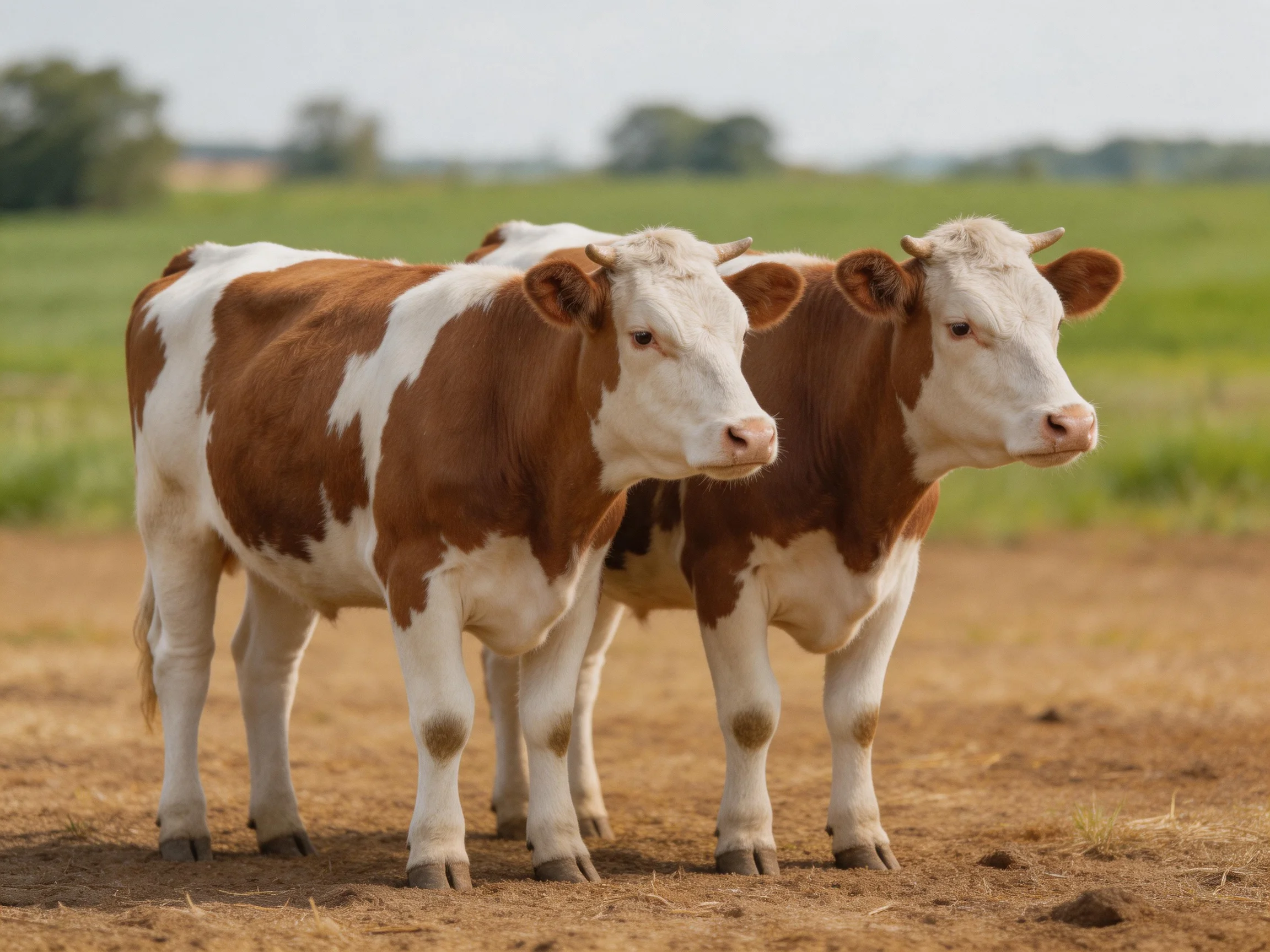 Two brown and white cows stand together on dry earth near green fields
