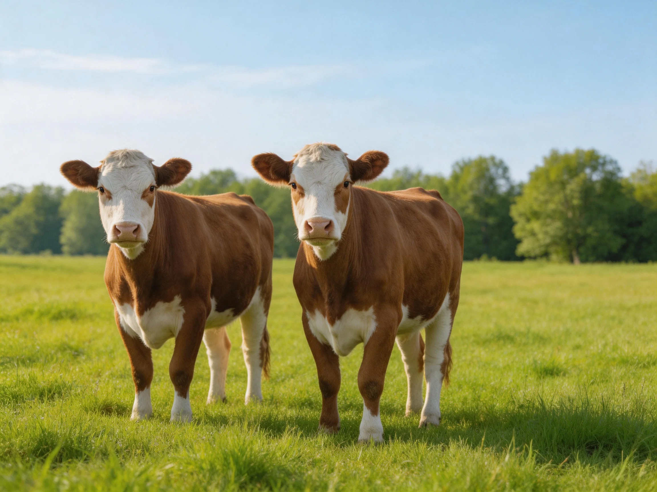 Two brown-and-white cows standing in a lush green pasture