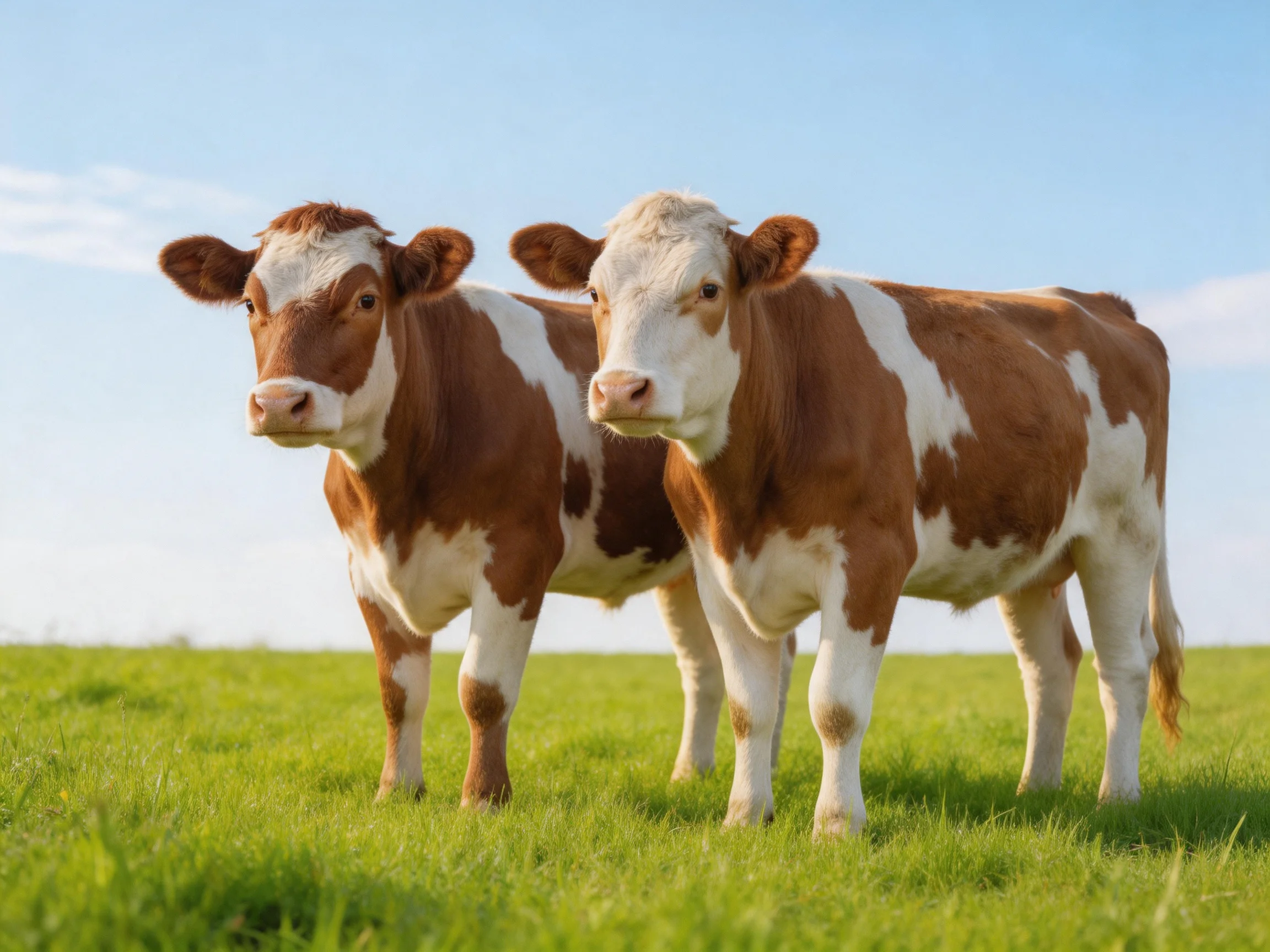 Two brown and white cows standing in a lush green pasture