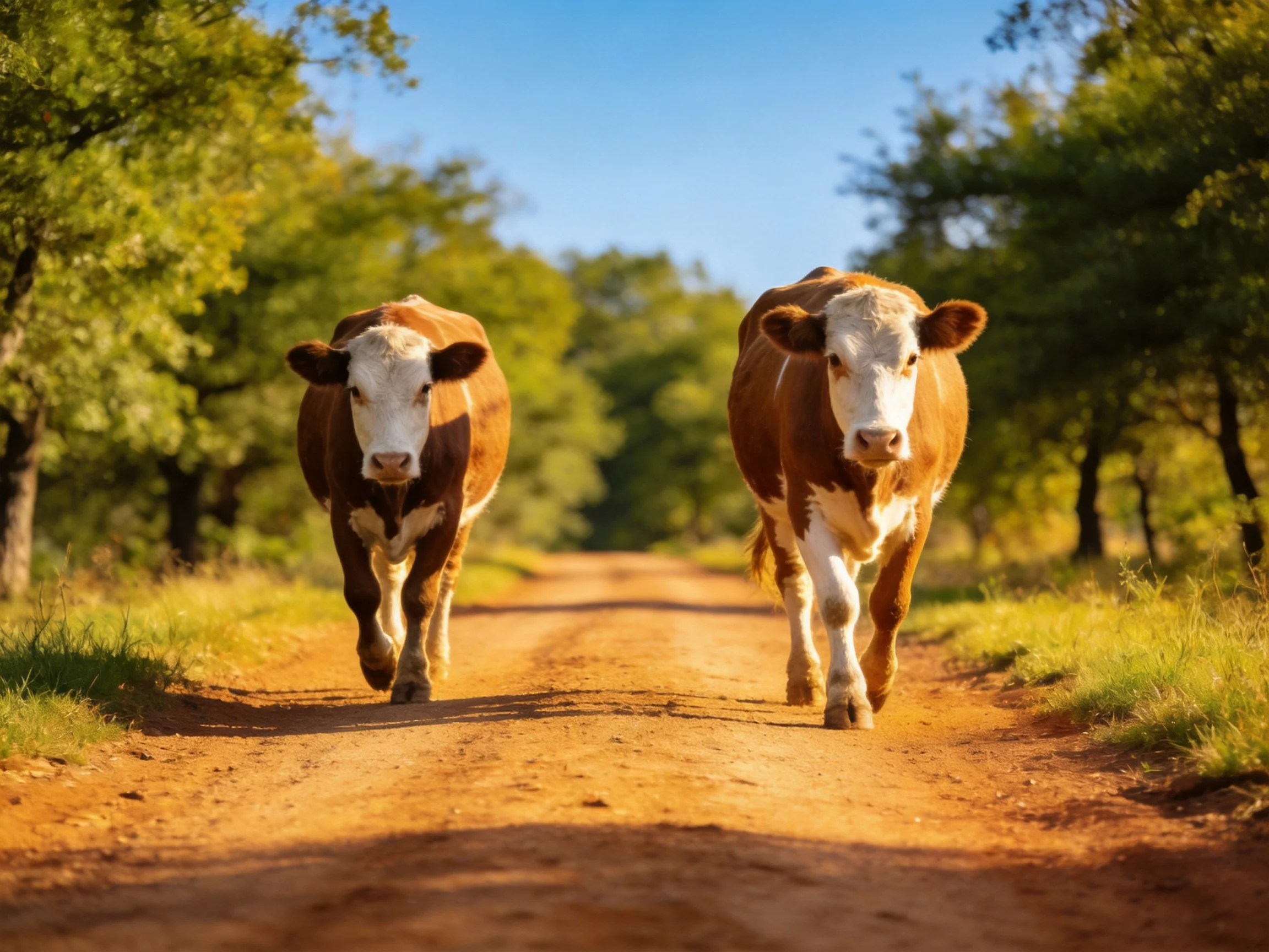 Two brown-and-white cows walk along a sunlit dirt path surrounded by green trees.