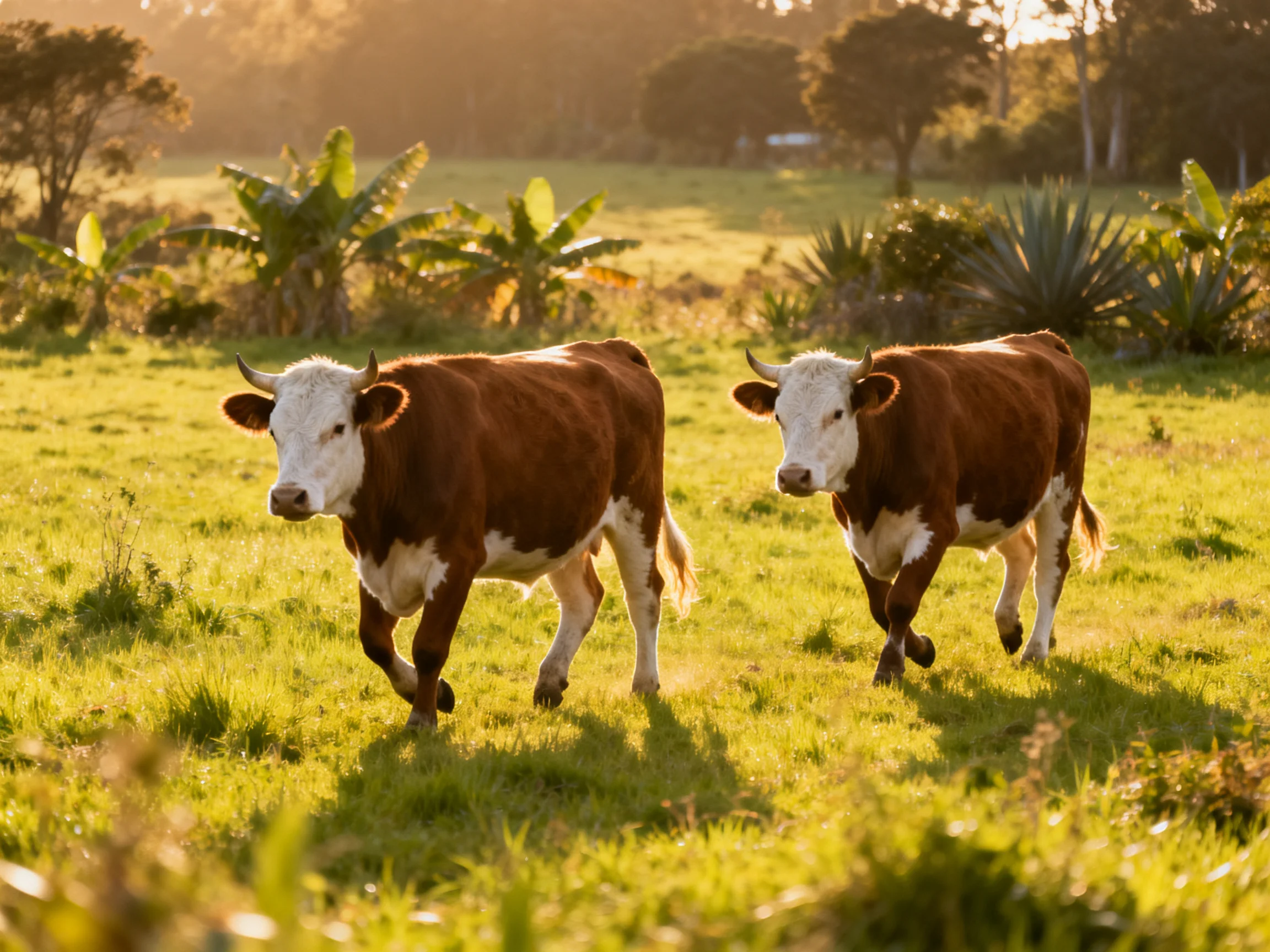 Two brown-and-white cows walk through a sunlit green pasture