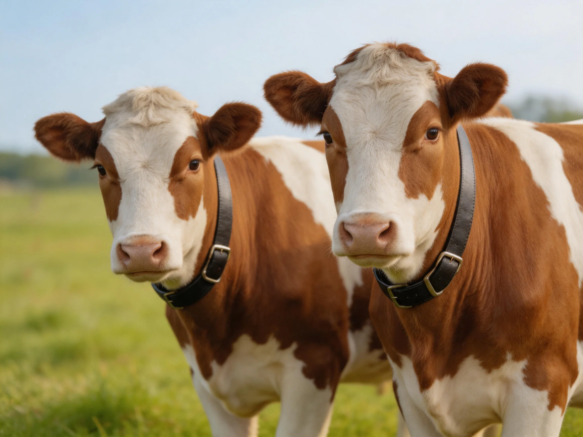 Two brown-and-white cows with collars in a sunlit green pasture
