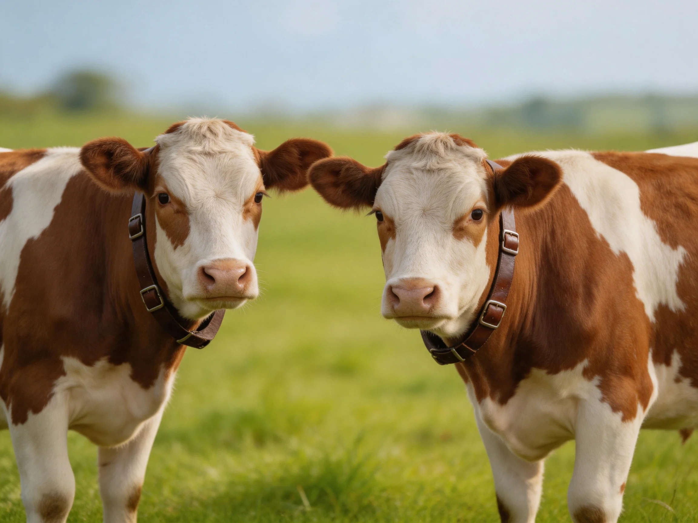 Two brown and white cows stand together in a sunlit pasture.
