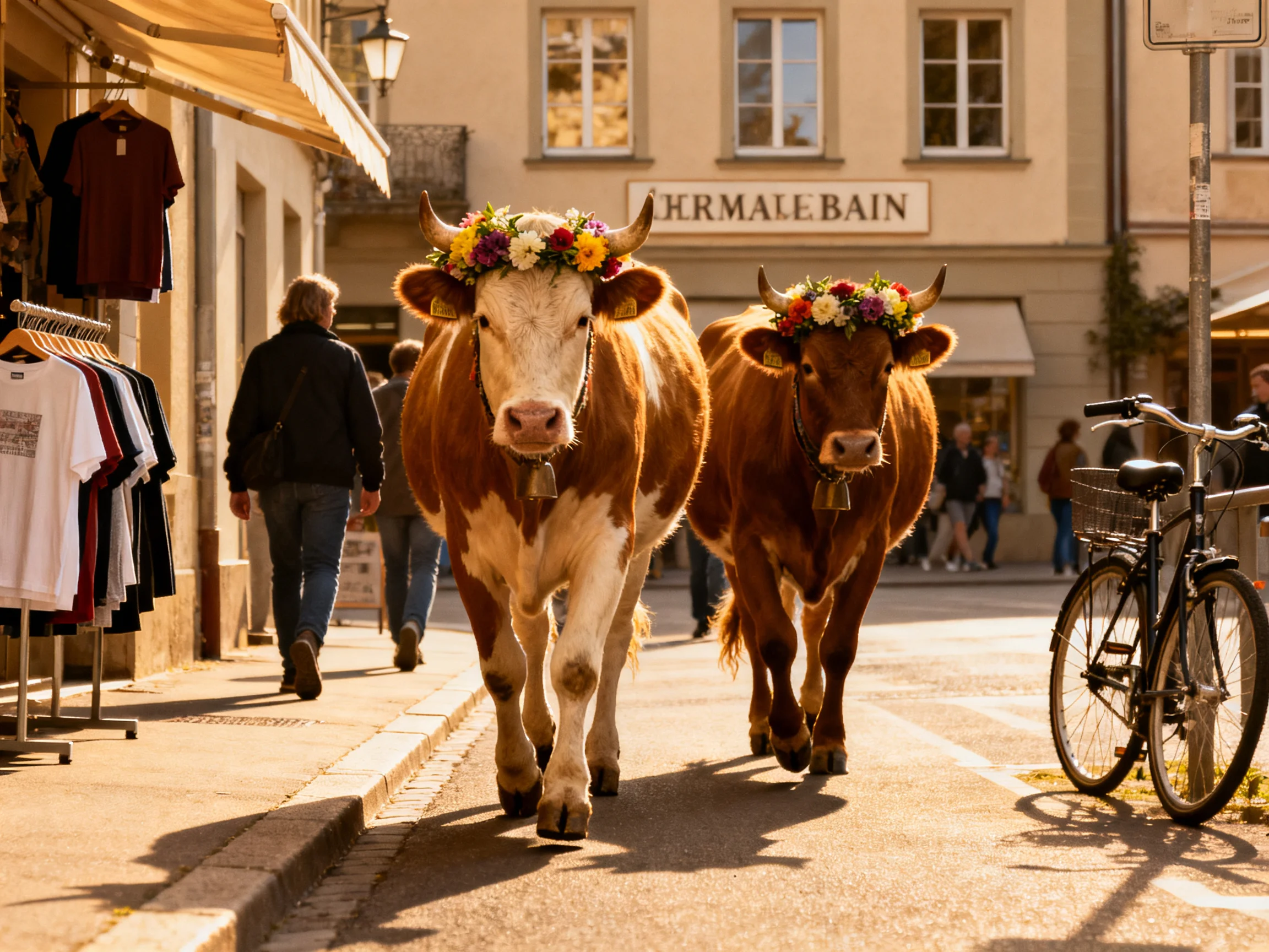 Decorated cows stroll through a sunlit town street near shops and pedestrians.