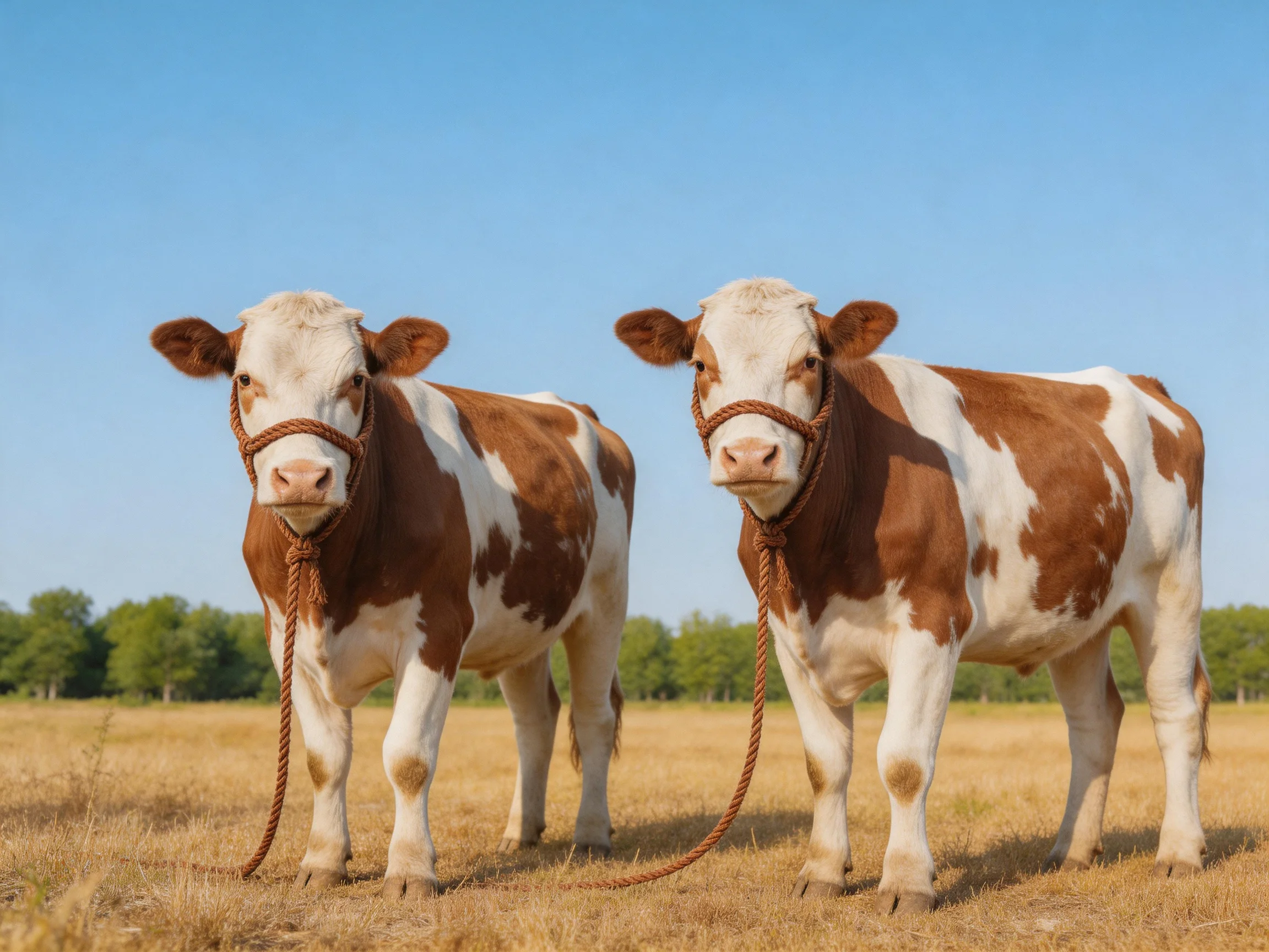 Two brown-and-white cows with ropes in a sunlit field