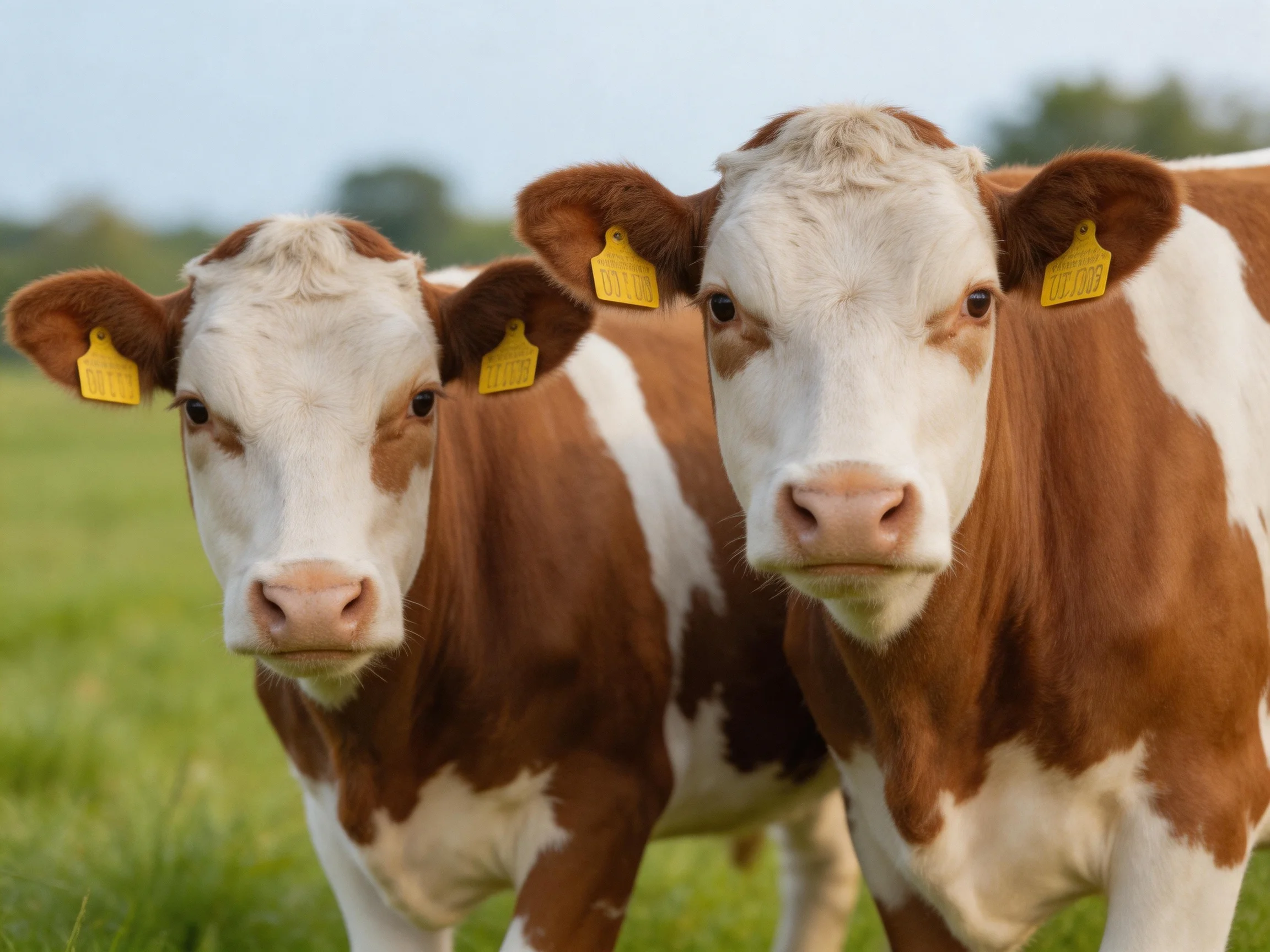 Two brown and white cows stand together in a green field.