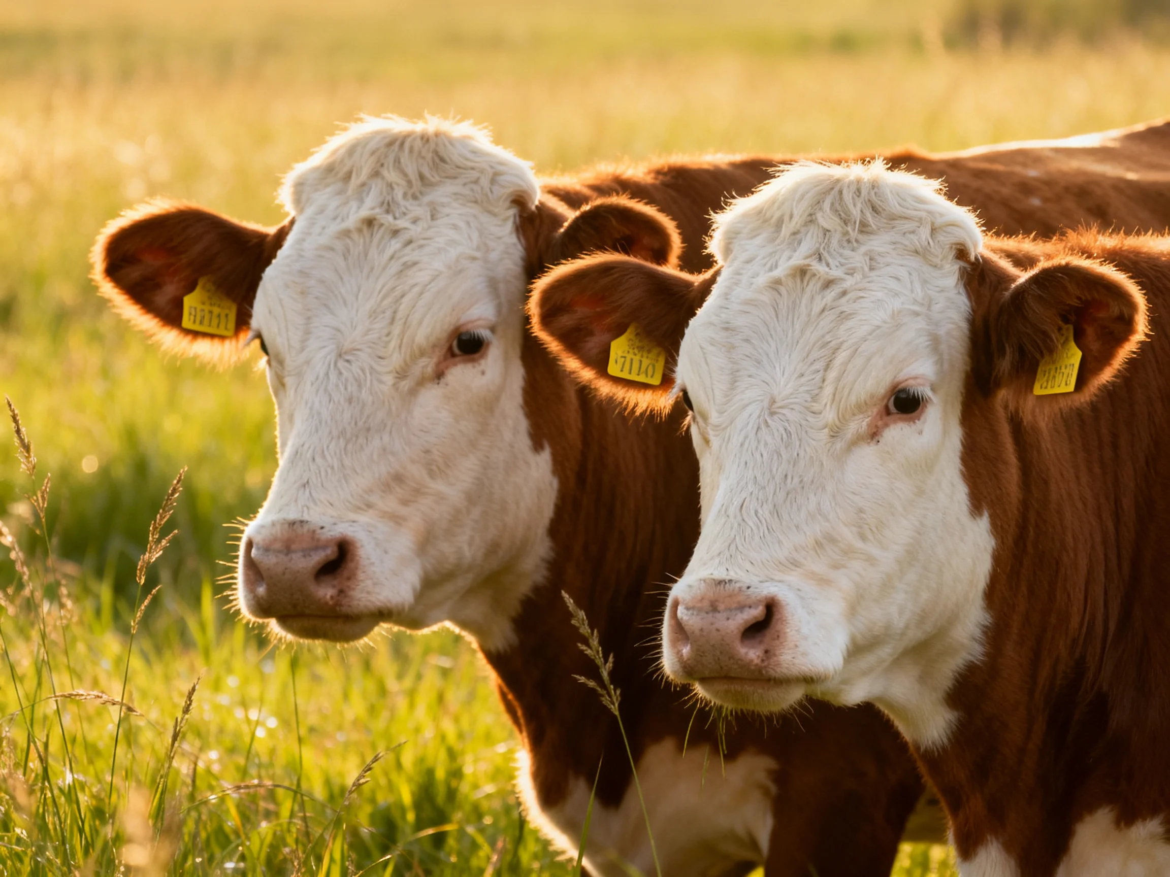 Two brown and white cows stand close together in a sunlit grassy area.