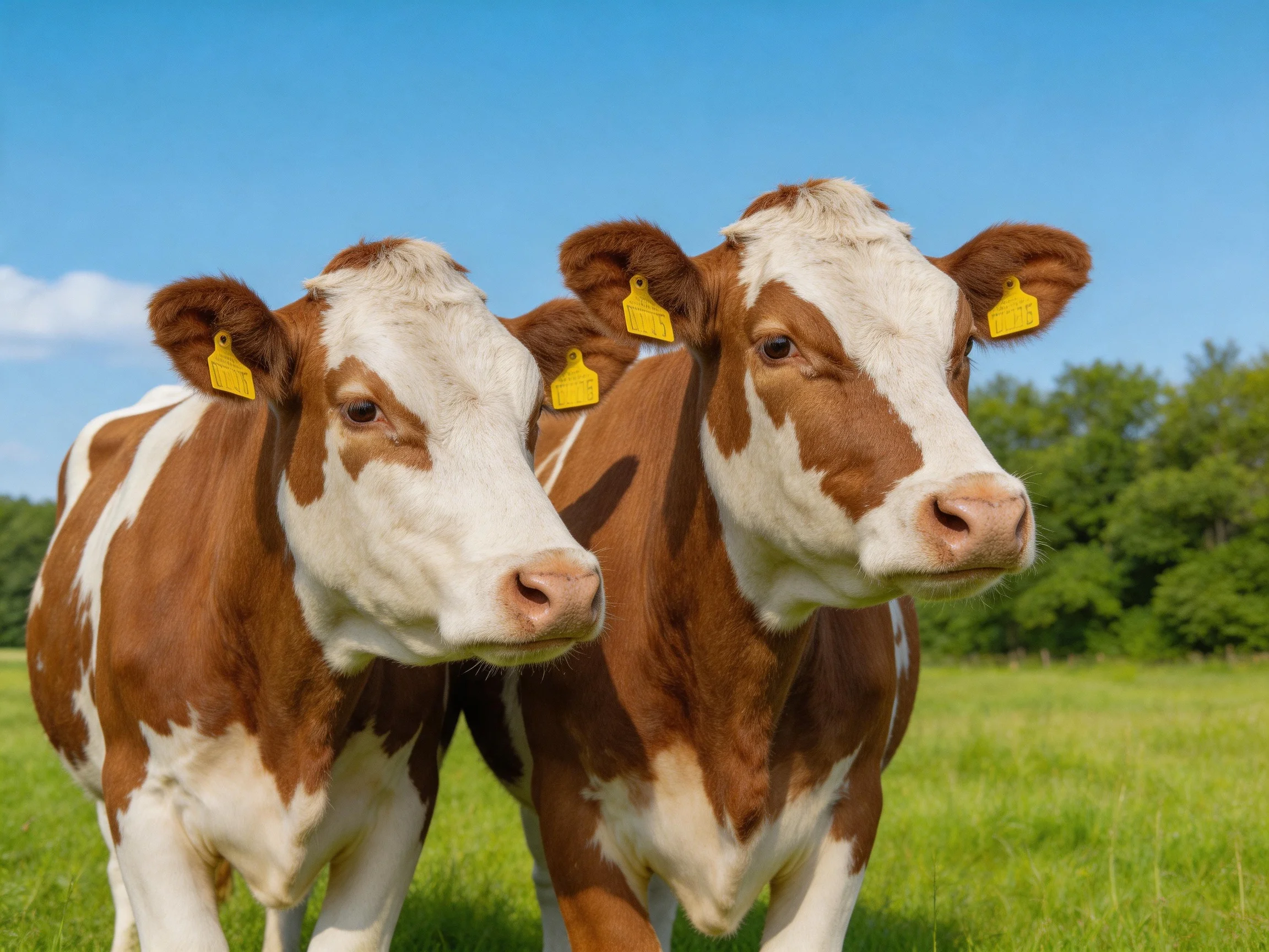 Two brown and white cows with yellow ear tags in a sunny pasture