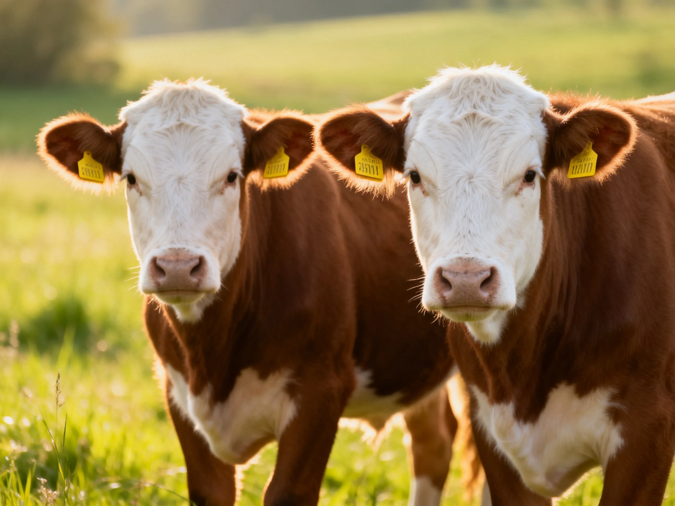 Two brown and white cows with yellow ear tags stand in a sunlit meadow