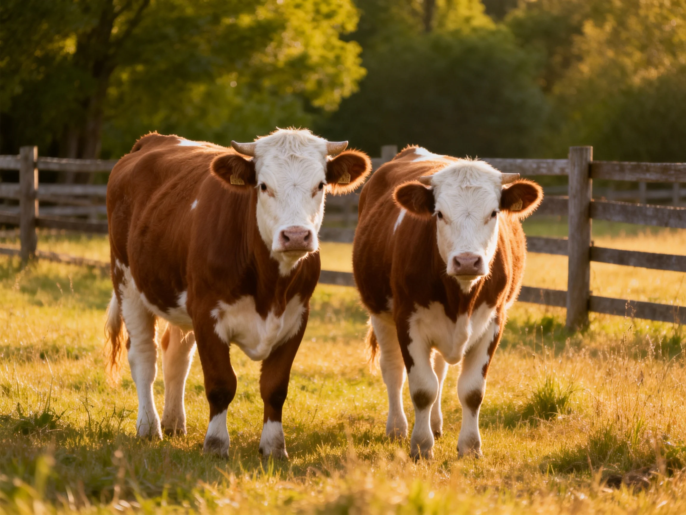 Two brown and white cowsin a sunlit pasture near a wooden fence