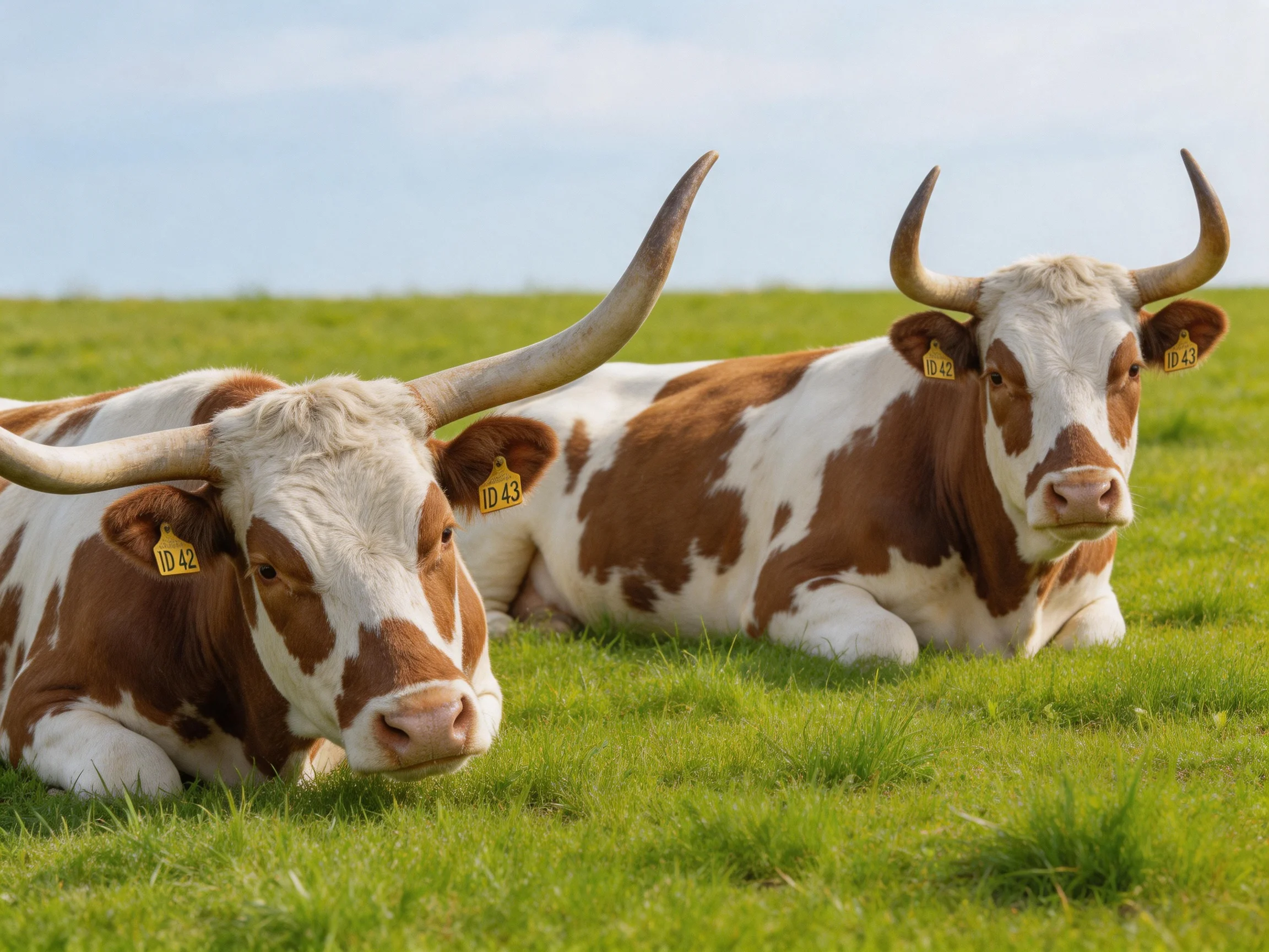 Two brown-and-white horned cattle resting in a lush green pasture