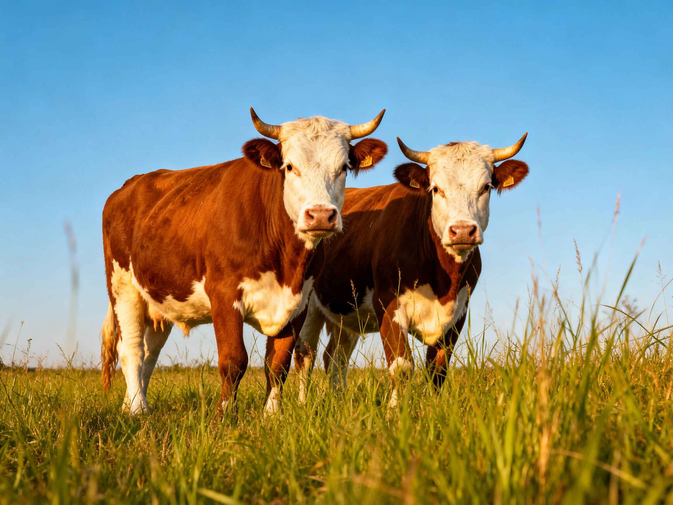Two brown-and-white horned cows in a sunlit grassy meadow
