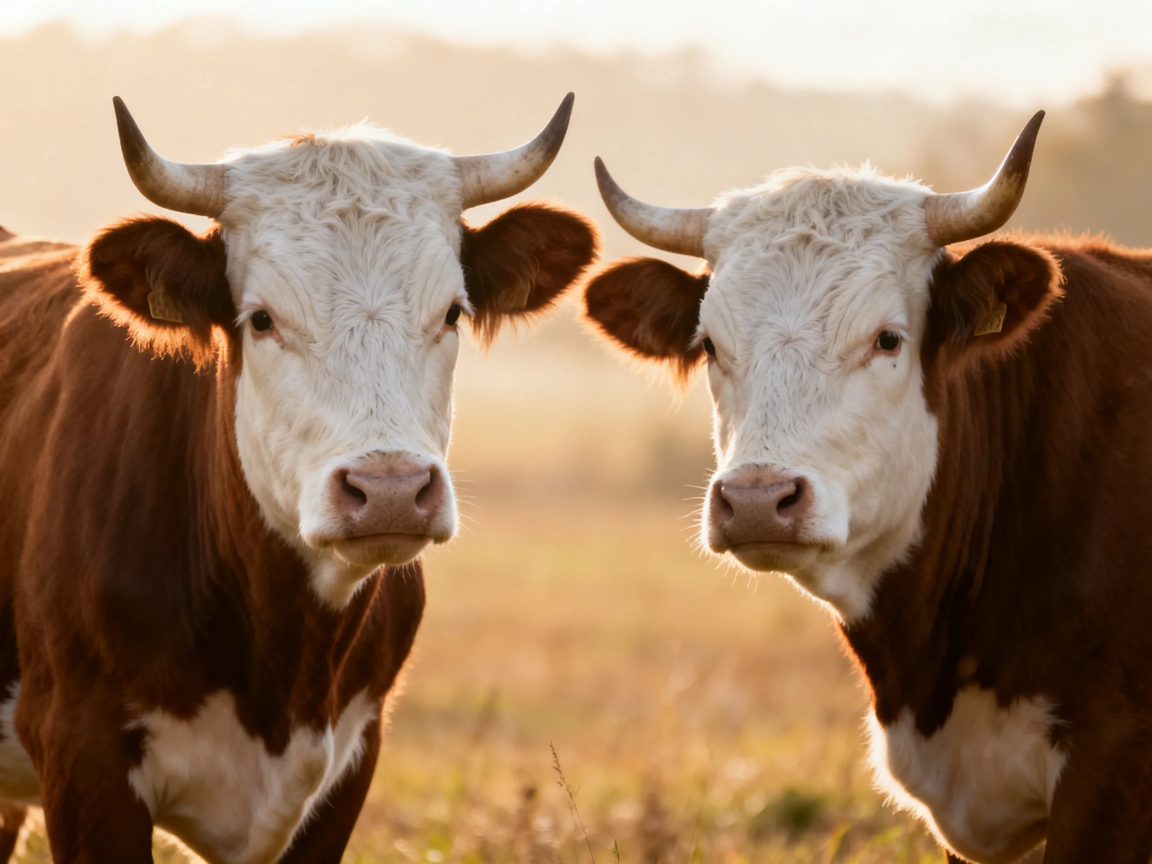 Two brown and white horned cows in a sunlit pasture