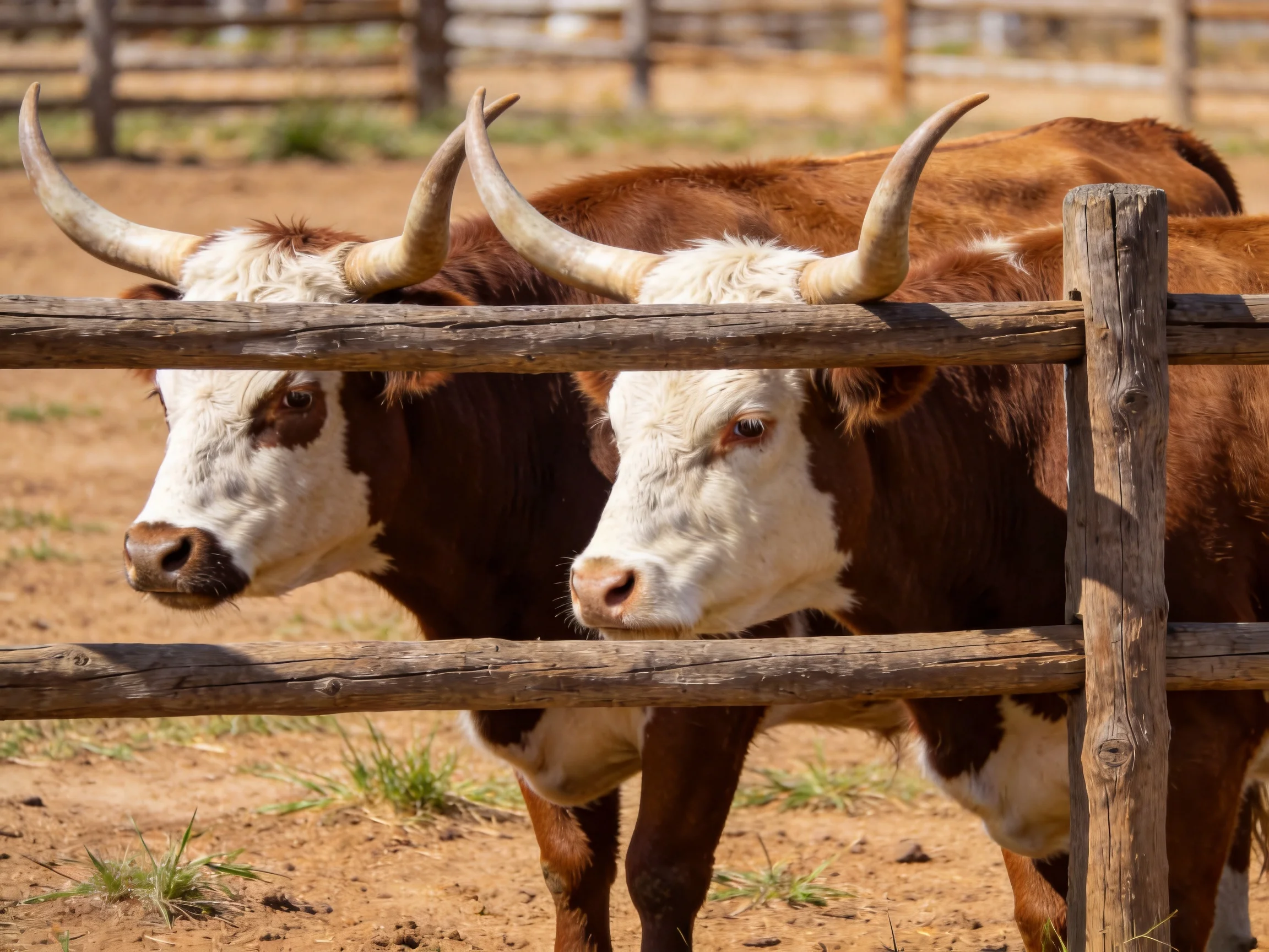 Two brown and white longhorn cattle near a wooden fence