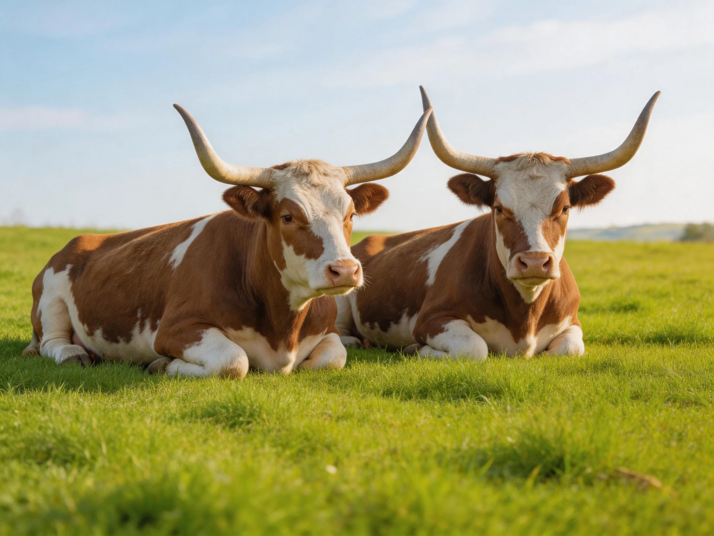 Two brown and white longhorn cattle rest in a sunlit grassy field