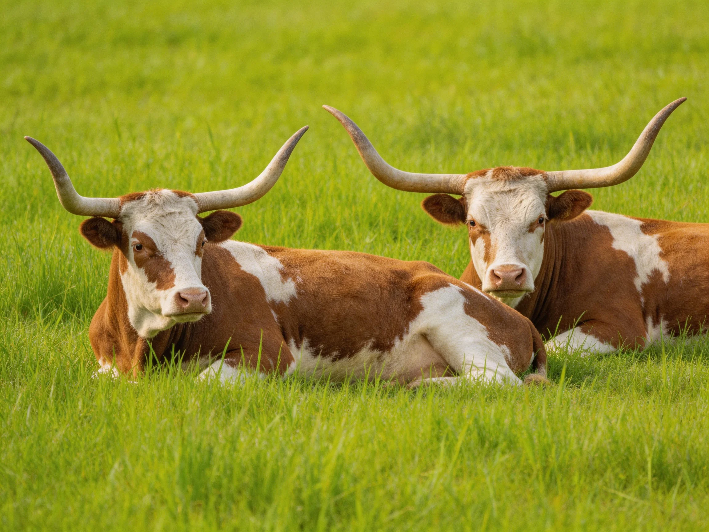 Two brown-and-white longhorn cattle rest in lush green grass