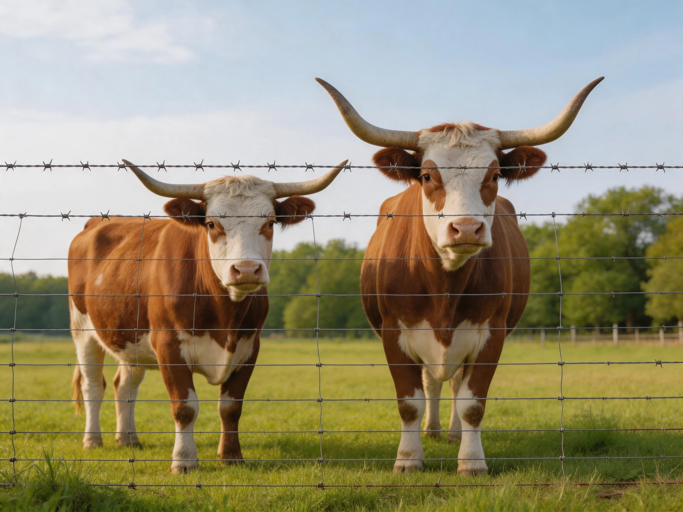Two brown and white longhorns stand behind a barbed wire fence in a green pasture