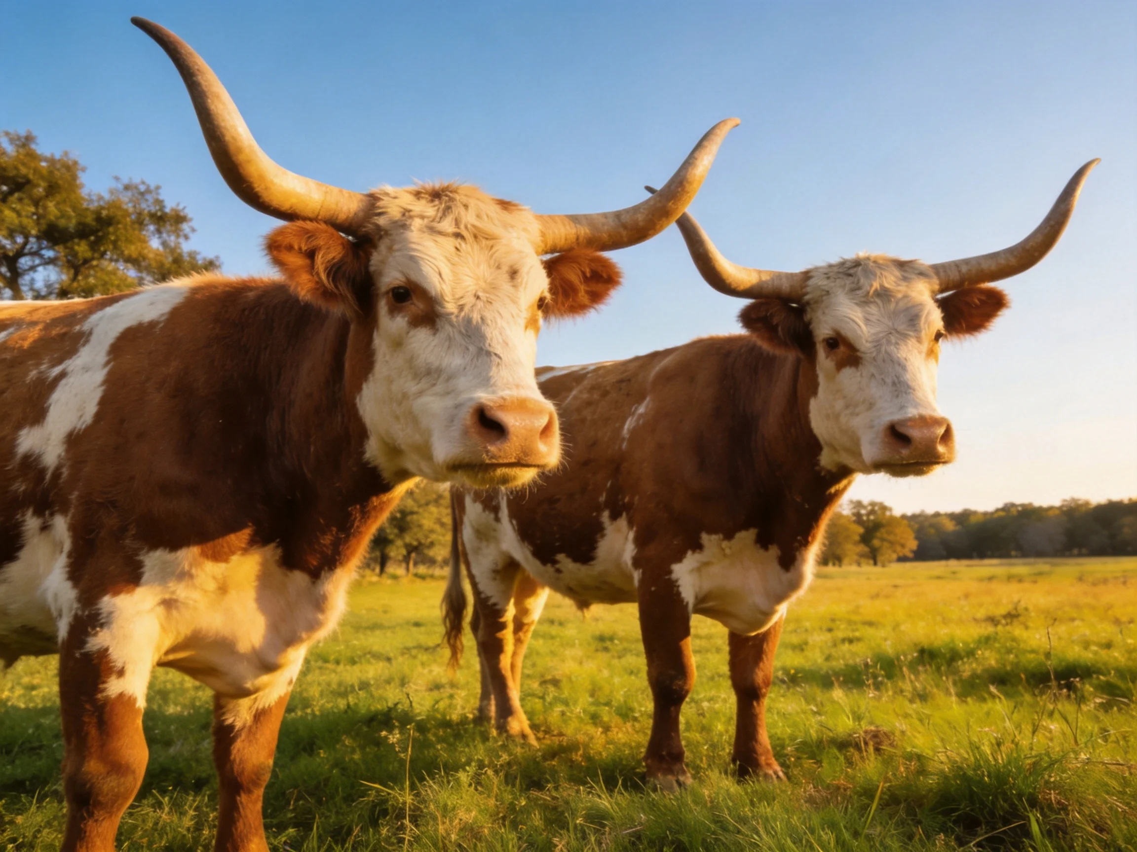 Two brown-and-white longhorn cattle stand together in a sunlit pasture.