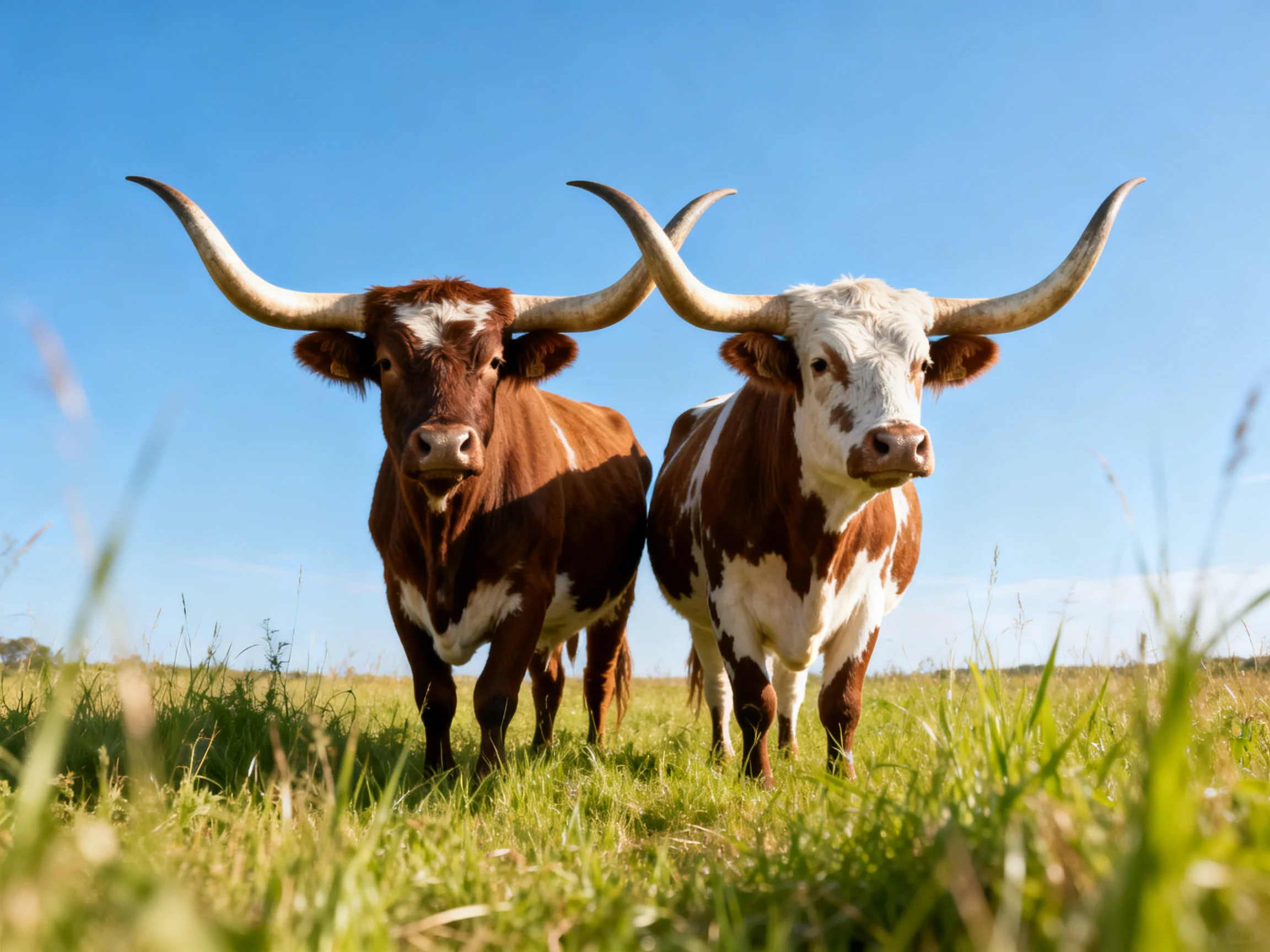 Two brown and white longhorns stand in a sunny green pasture