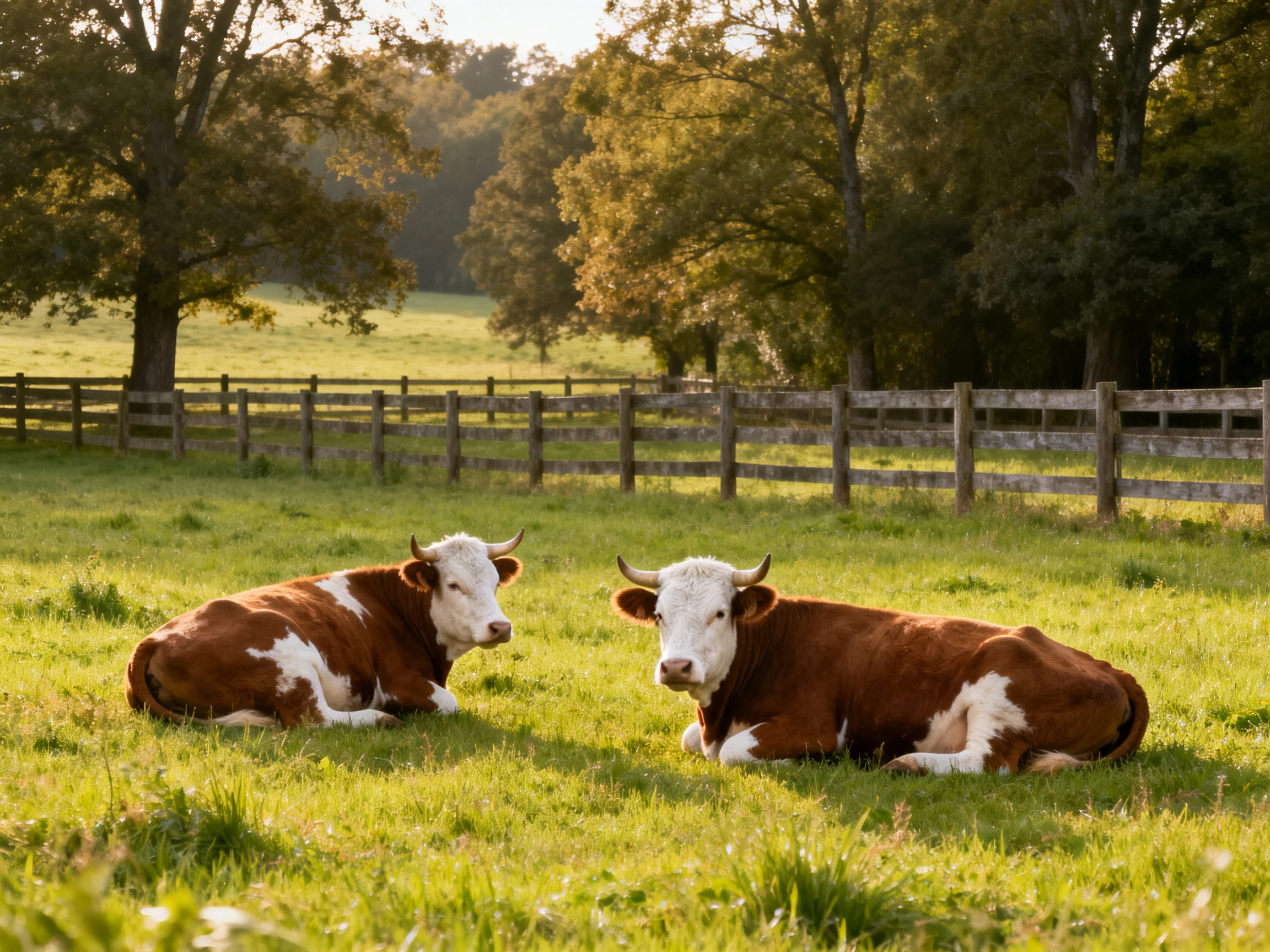 Two brown-and-whitecows rest in a sunlit grassy pasture with wooden fences