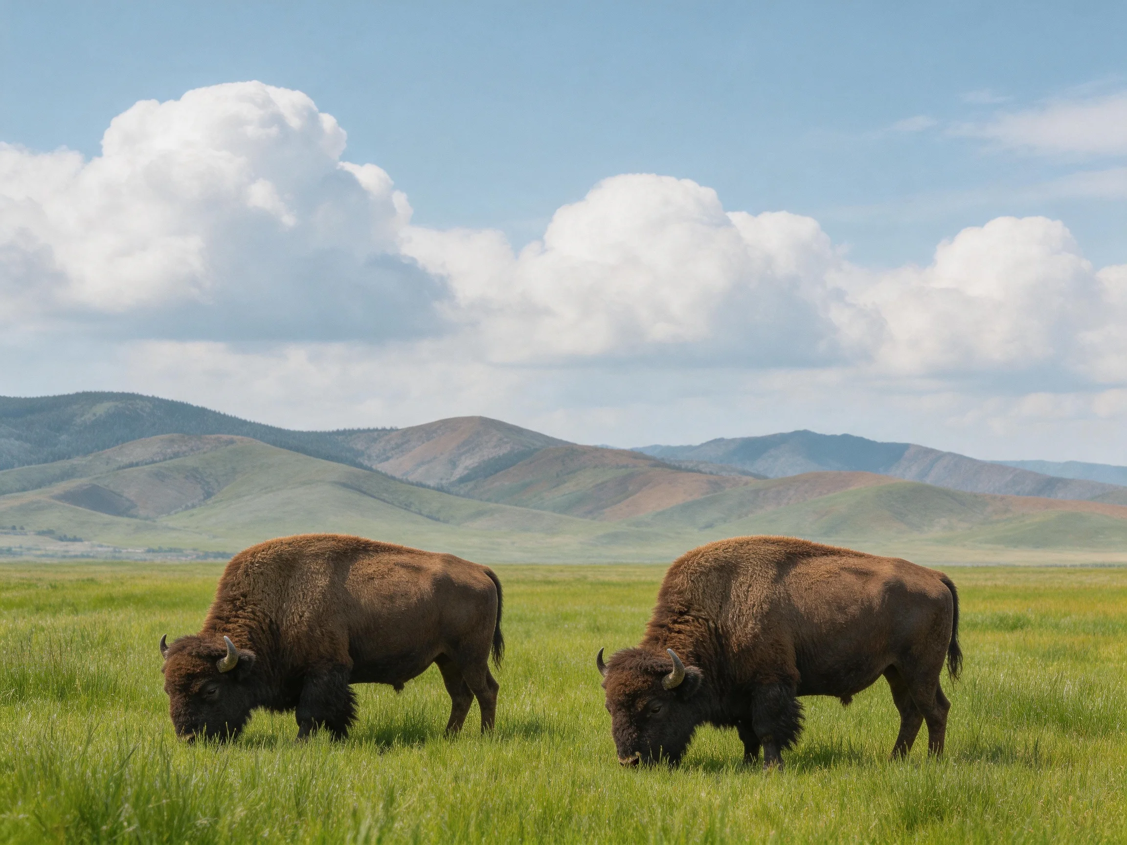 Two brown bison graze in a lush green meadow near rolling hills