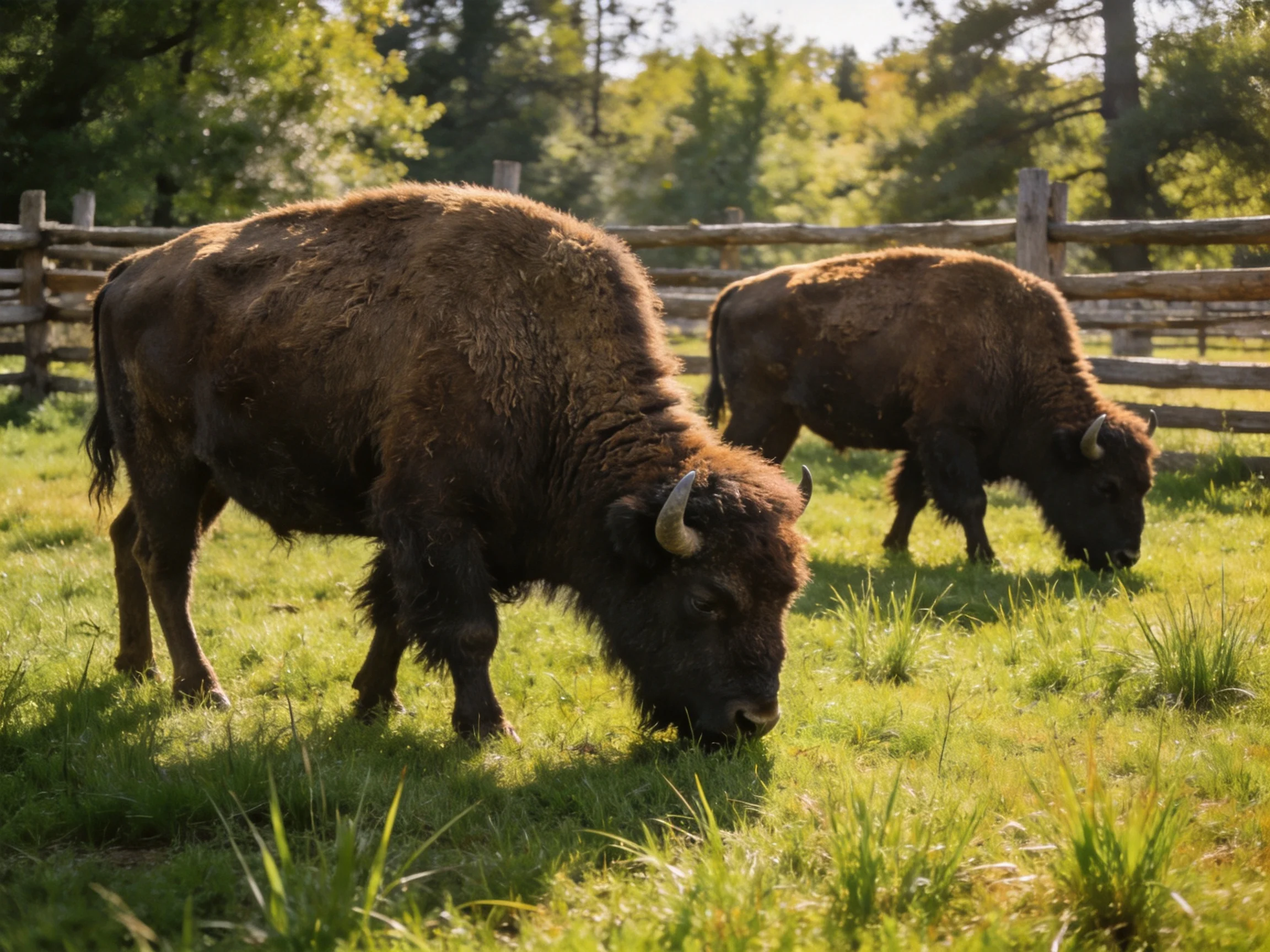 Two brown bison graze in a sunlit green pasture near a wooden fence