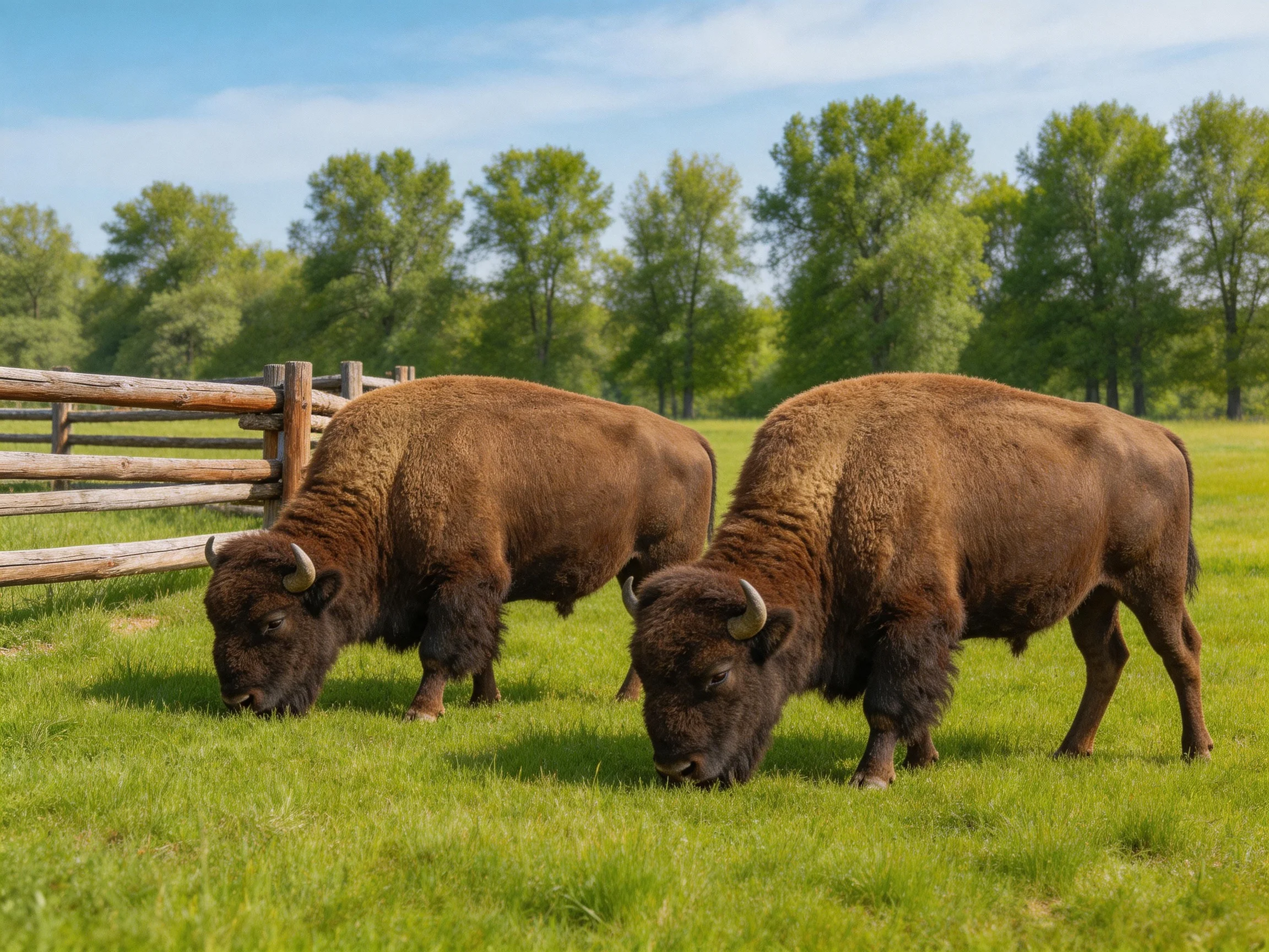 Two brown bison graze near a wooden fence in a lush green meadow